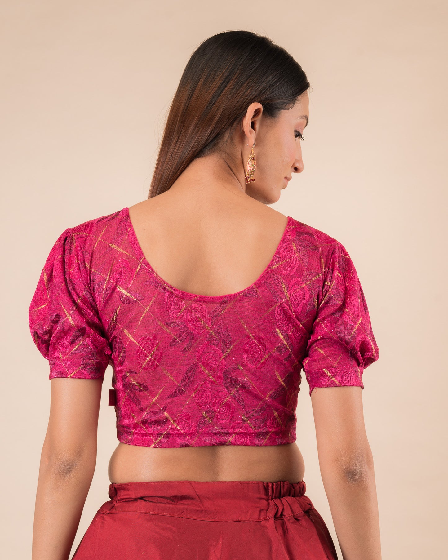 Rear view of the grey melange stretchable blouse showcasing the back design