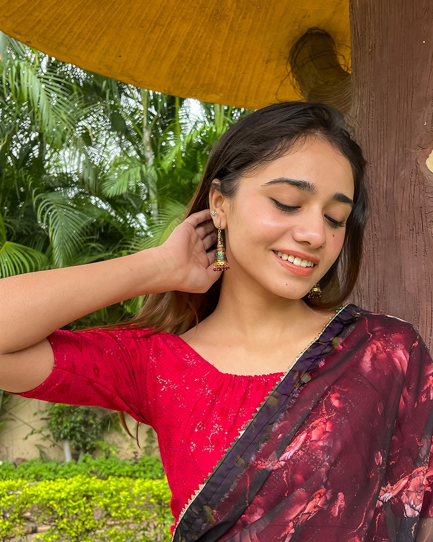 Model pairing the blouse with a saree for an Indo-western look