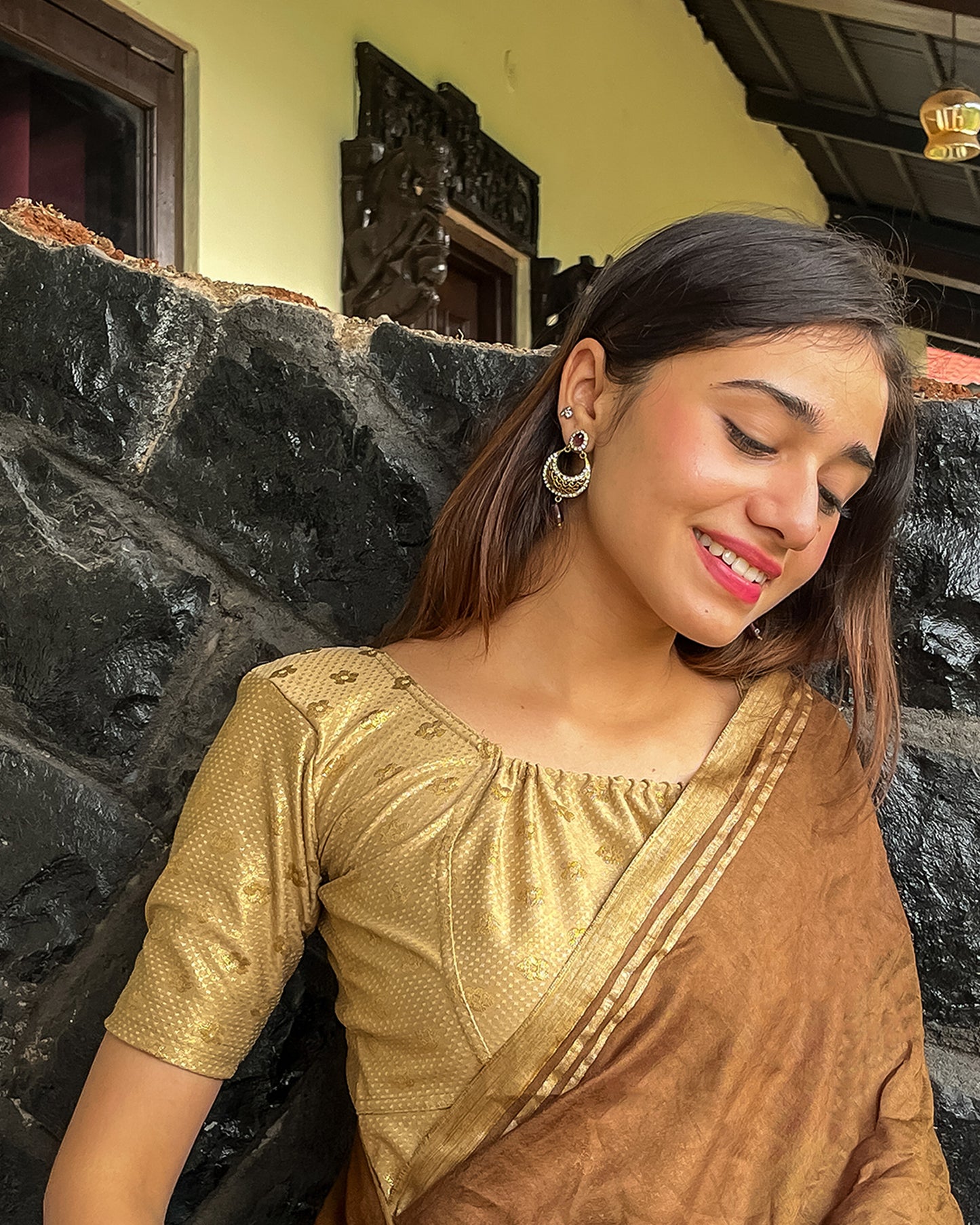 Model pairing the blouse with a saree for an Indo-western look