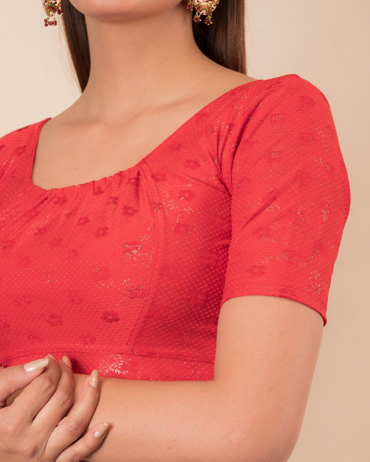 Close-up of the metallic-striped jacquard fabric.