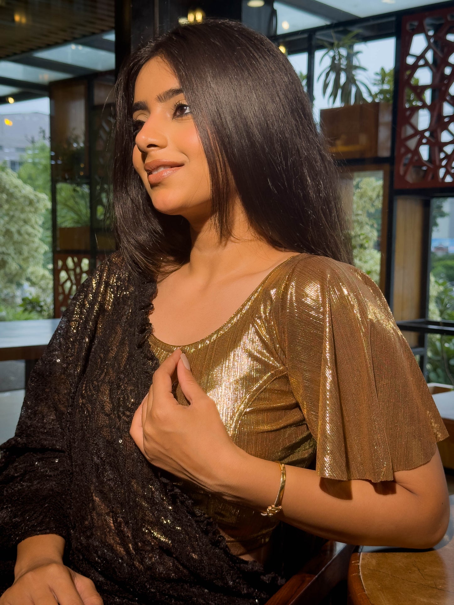 Nisha Metallic Chocolate Gold Shiny Bell Sleeve Stretchable Slip On Party Blouse Advi