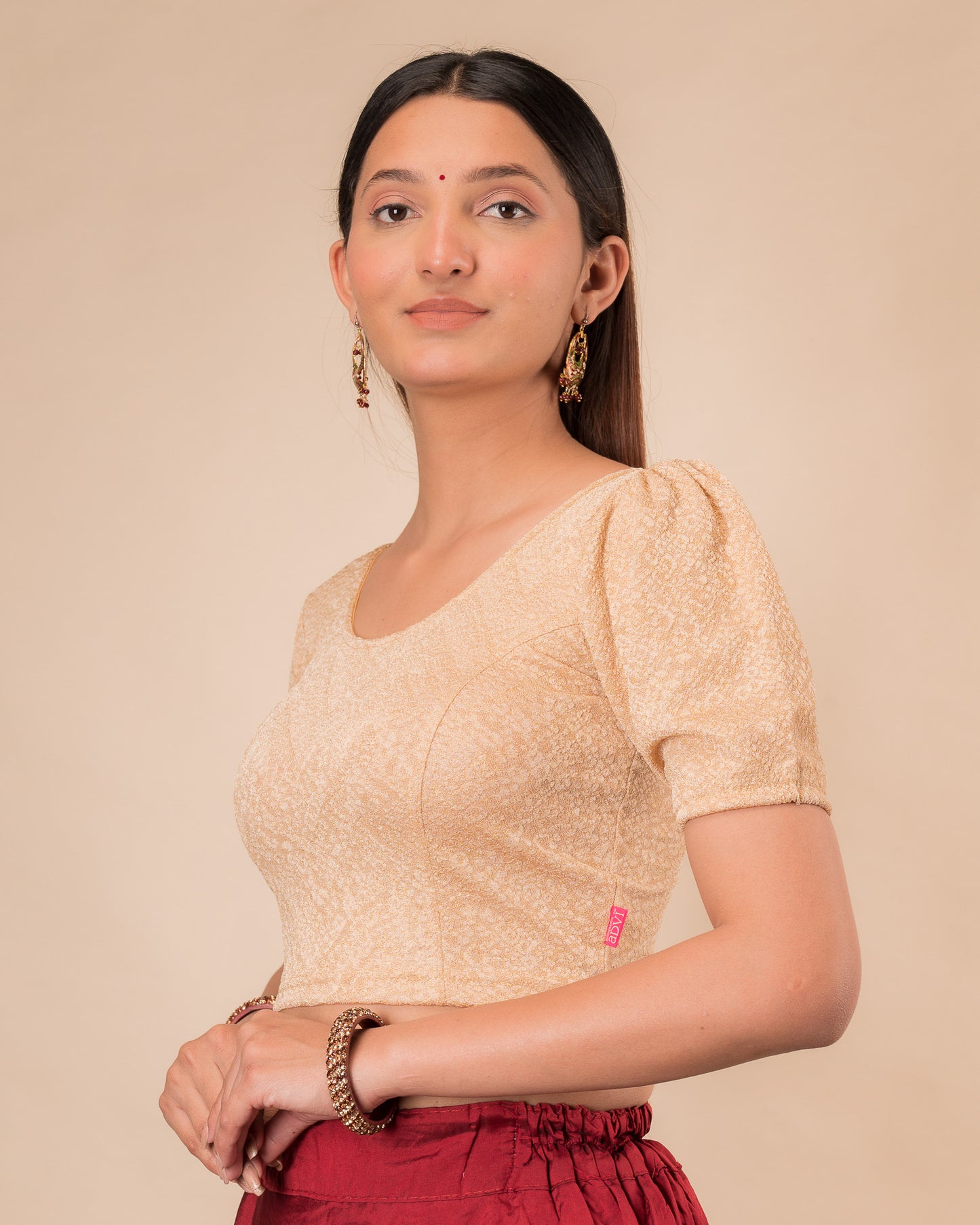 Disha Zig Zag Foil Puff Sleeve Stretchable Slip On Blouse