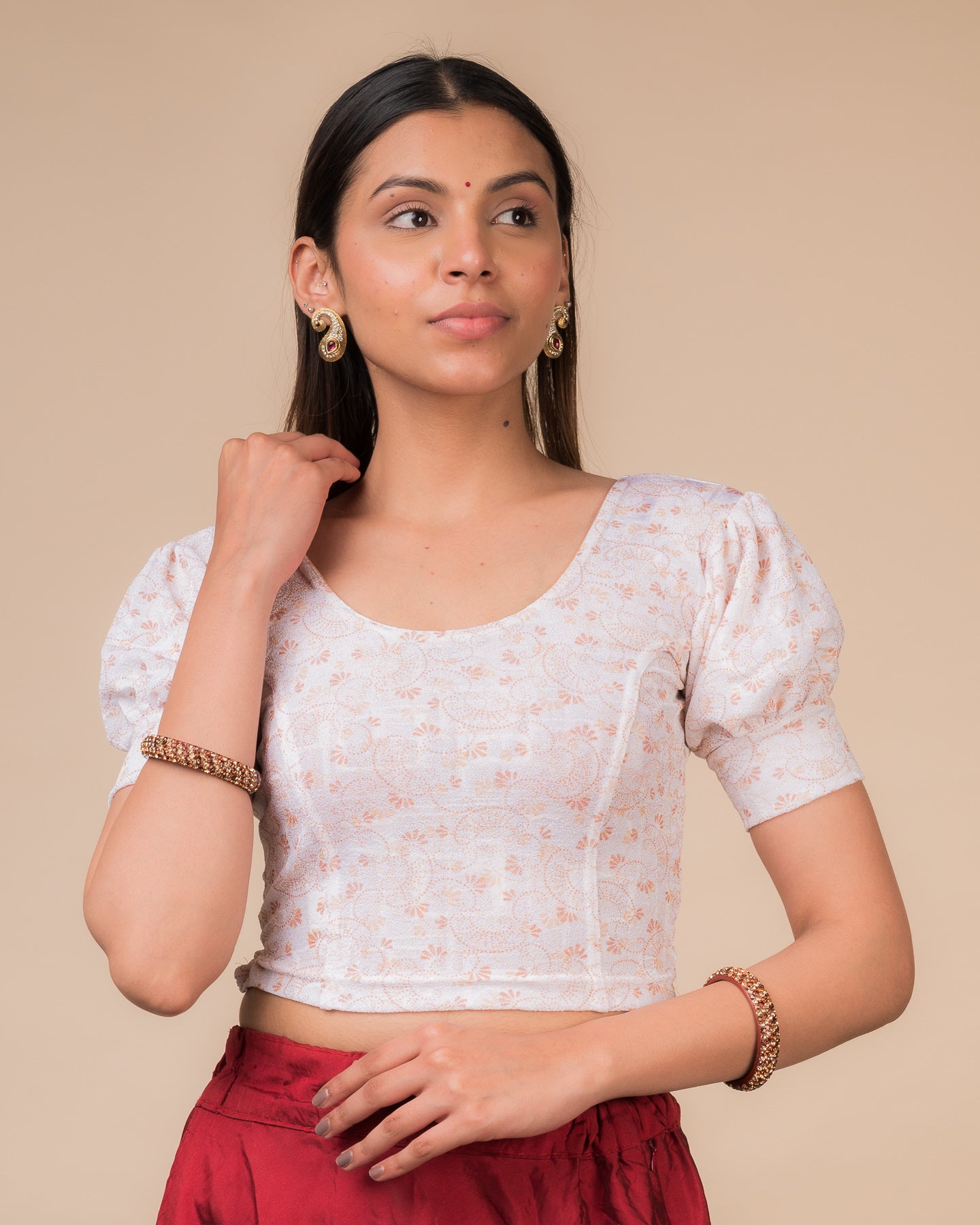 Double Metallic Print with Metal Buckle Back Stretchable Slip On Blouse