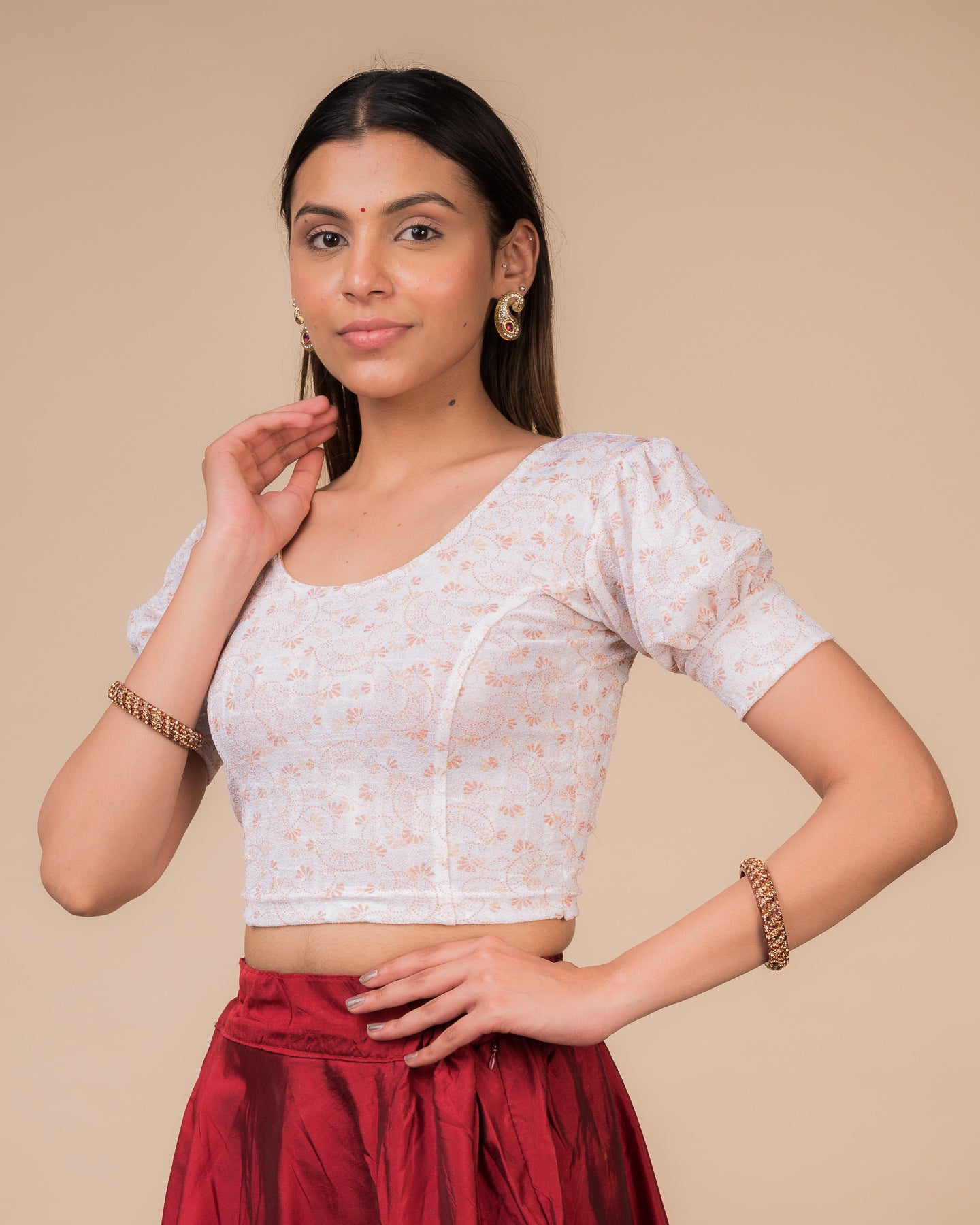 Double Metallic Print with Metal Buckle Back Stretchable Slip On Blouse