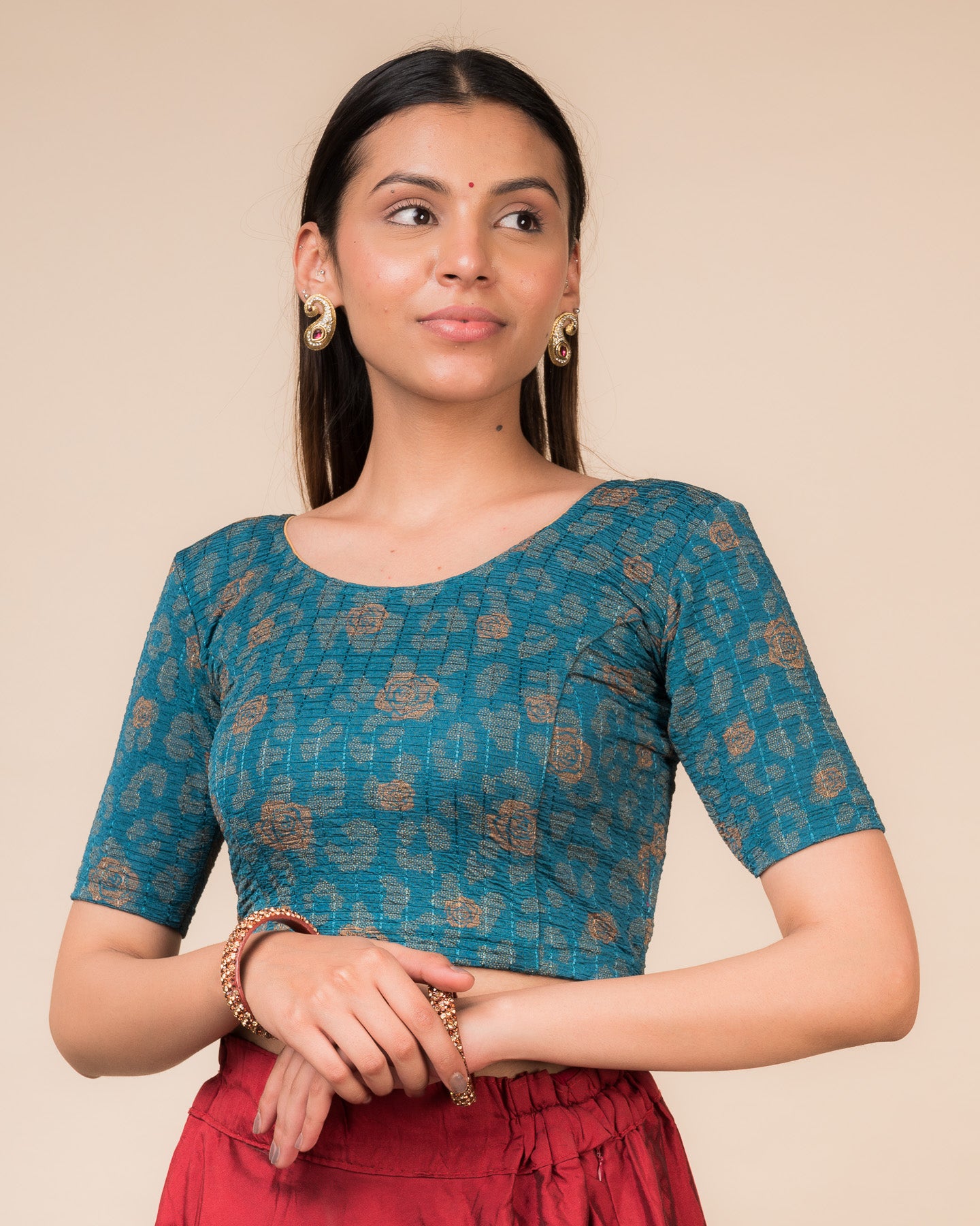 Kubra Gold Fancy Metallic Foil Stretchable Slip on Blouse