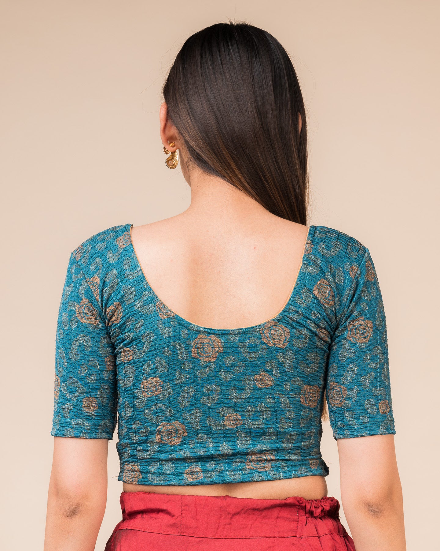 Kubra Gold Fancy Metallic Foil Stretchable Slip on Blouse