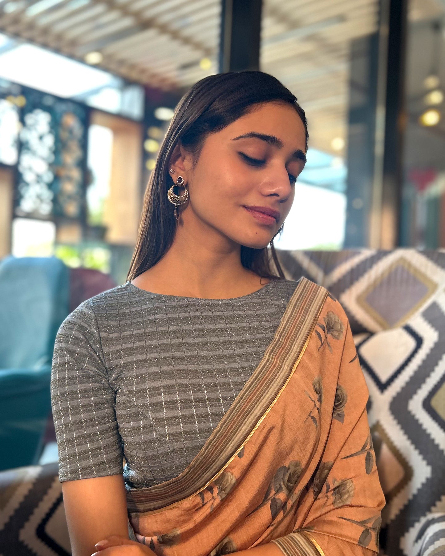 Model pairing the blouse with a saree for a complete ethnic look