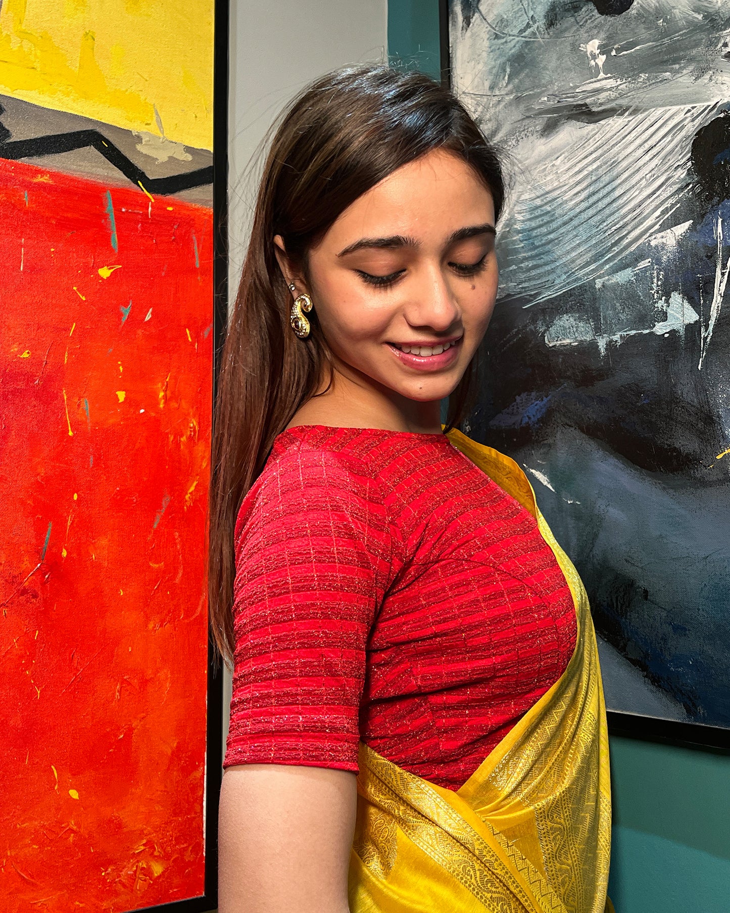 Model pairing the blouse with a saree for a complete ethnic look