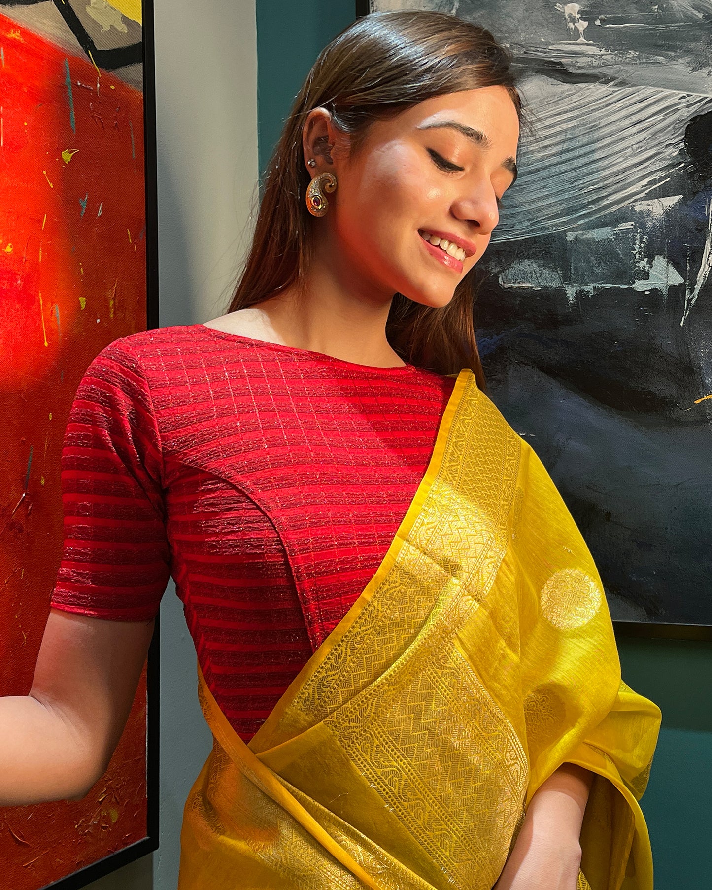Model pairing the blouse with a saree for a complete ethnic look