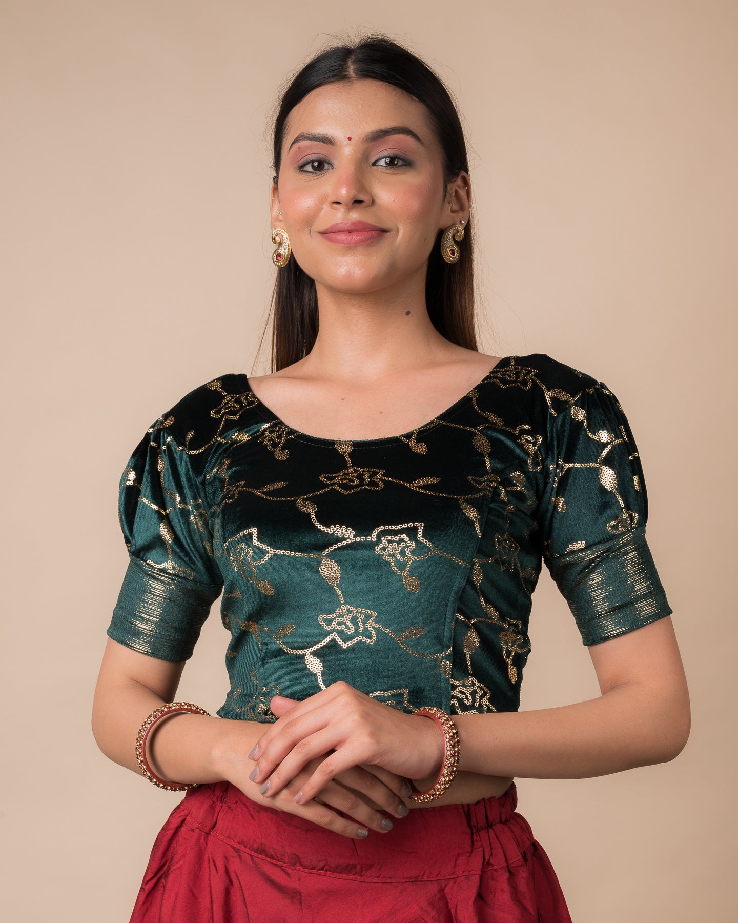 Sitara Gold Sequin Foil with Puff Sleeves Stretchable Slip On Blouse