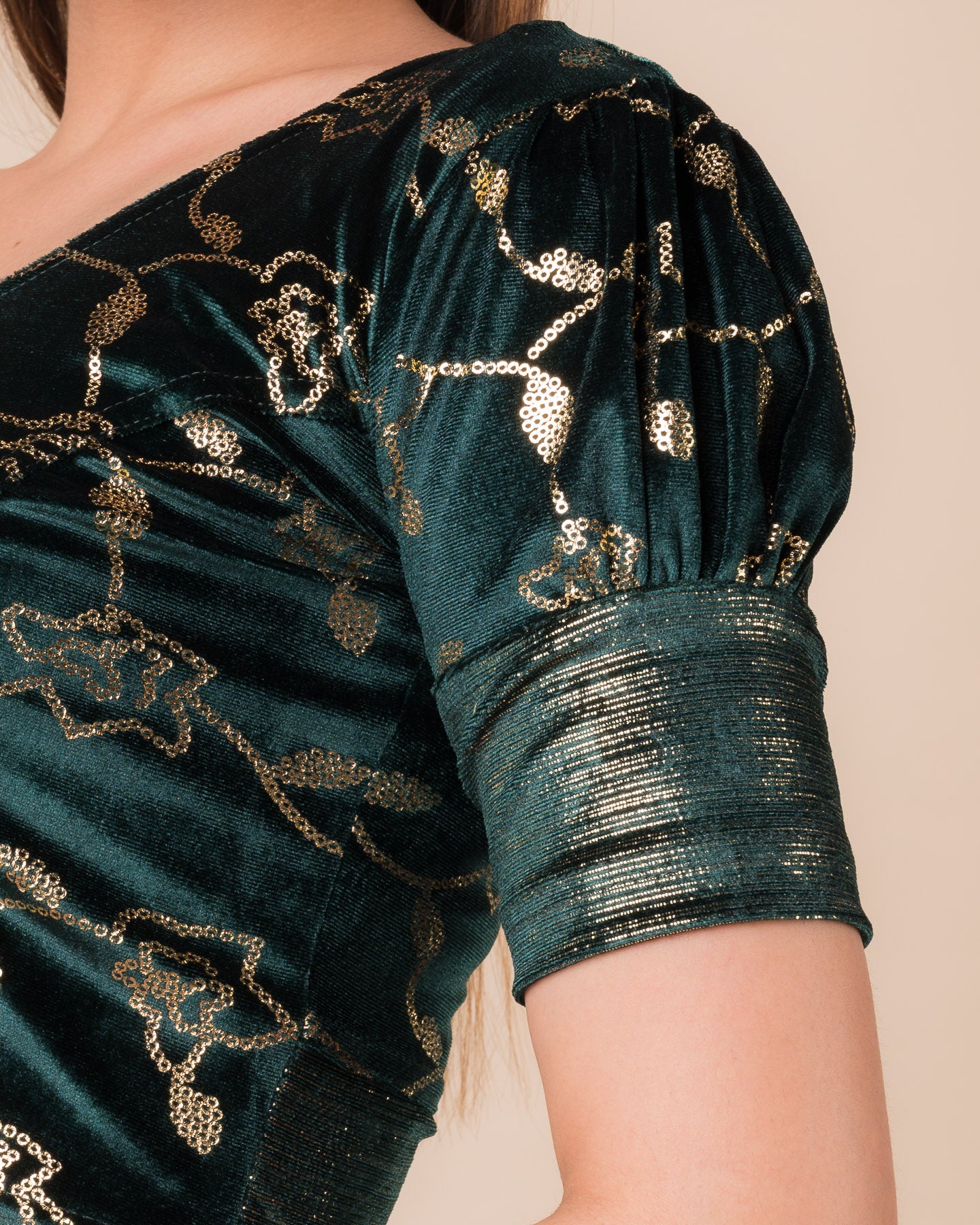 Sitara Gold Sequin Foil with Puff Sleeves Stretchable Slip On Blouse