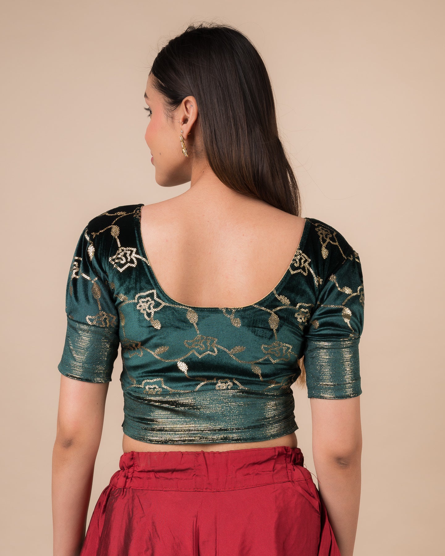 Sitara Gold Sequin Foil with Puff Sleeves Stretchable Slip On Blouse