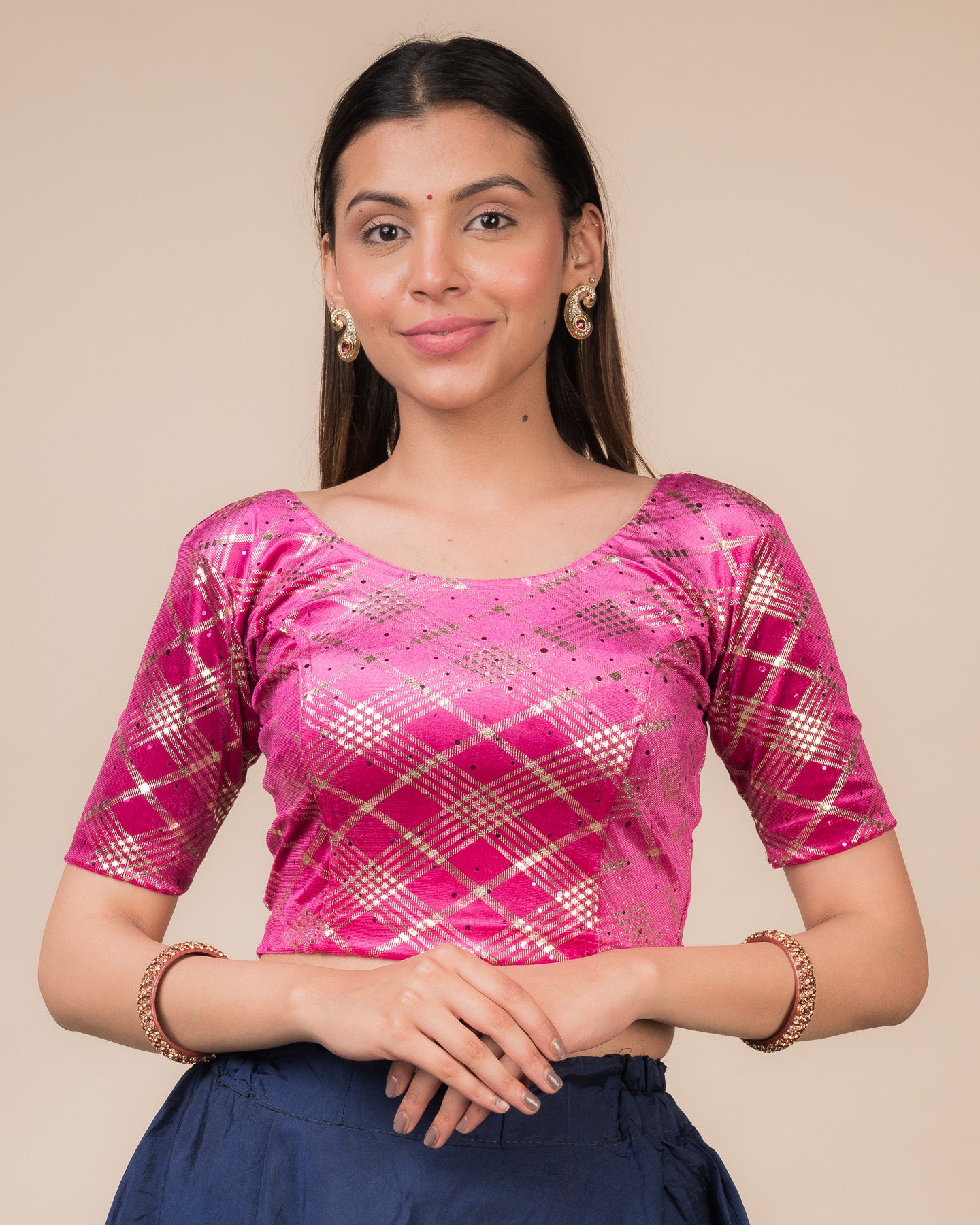 Beri Burberry Checks with Sequin Stretchable Slip on Blouse