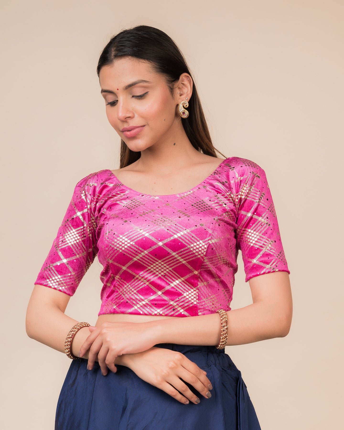 Beri Burberry Checks with Sequin Stretchable Slip on Blouse