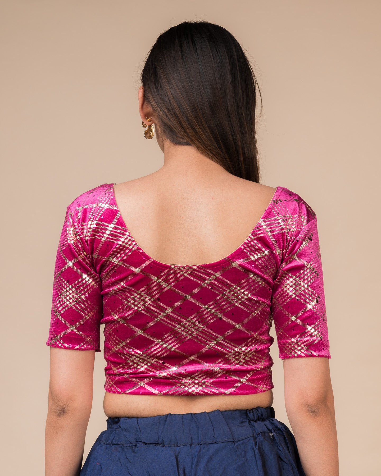 Beri Burberry Checks with Sequin Stretchable Slip on Blouse
