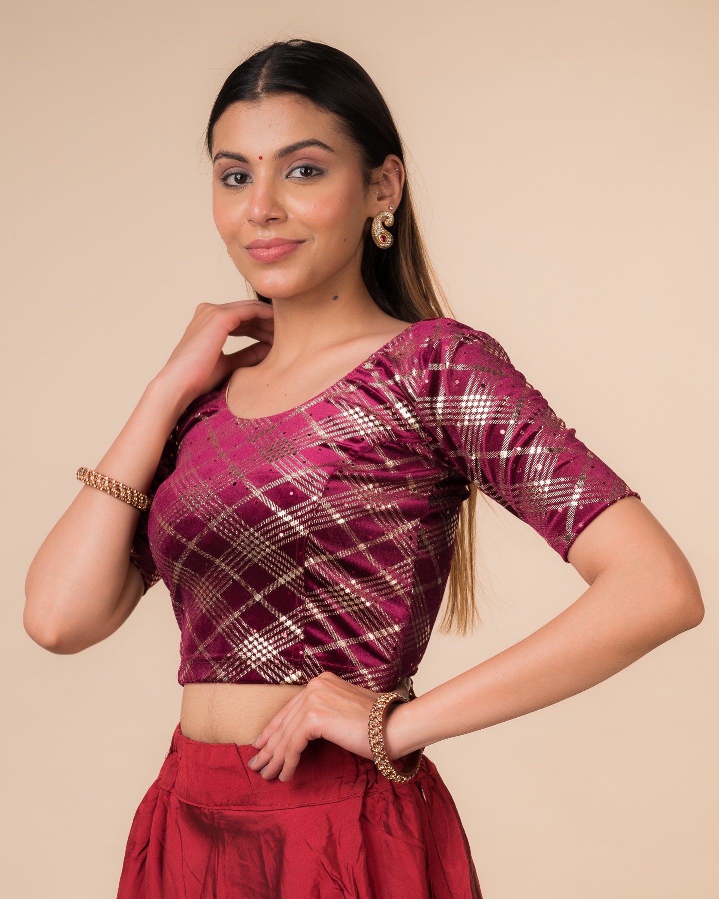 Beri Burberry Checks with Sequin Stretchable Slip on Blouse