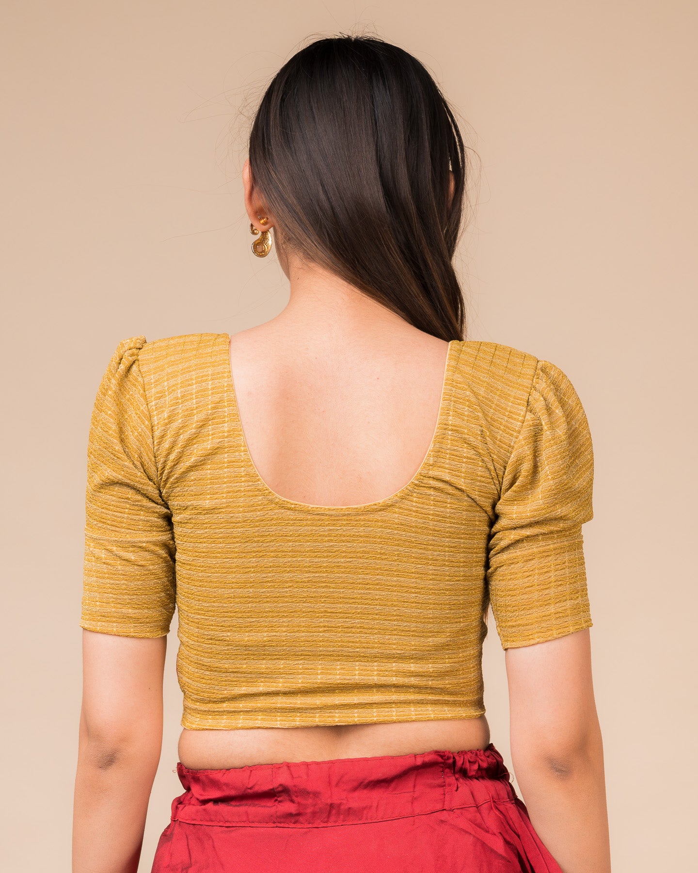 Rear view of the zari single-stripe stretchable blouse showcasing the back design.