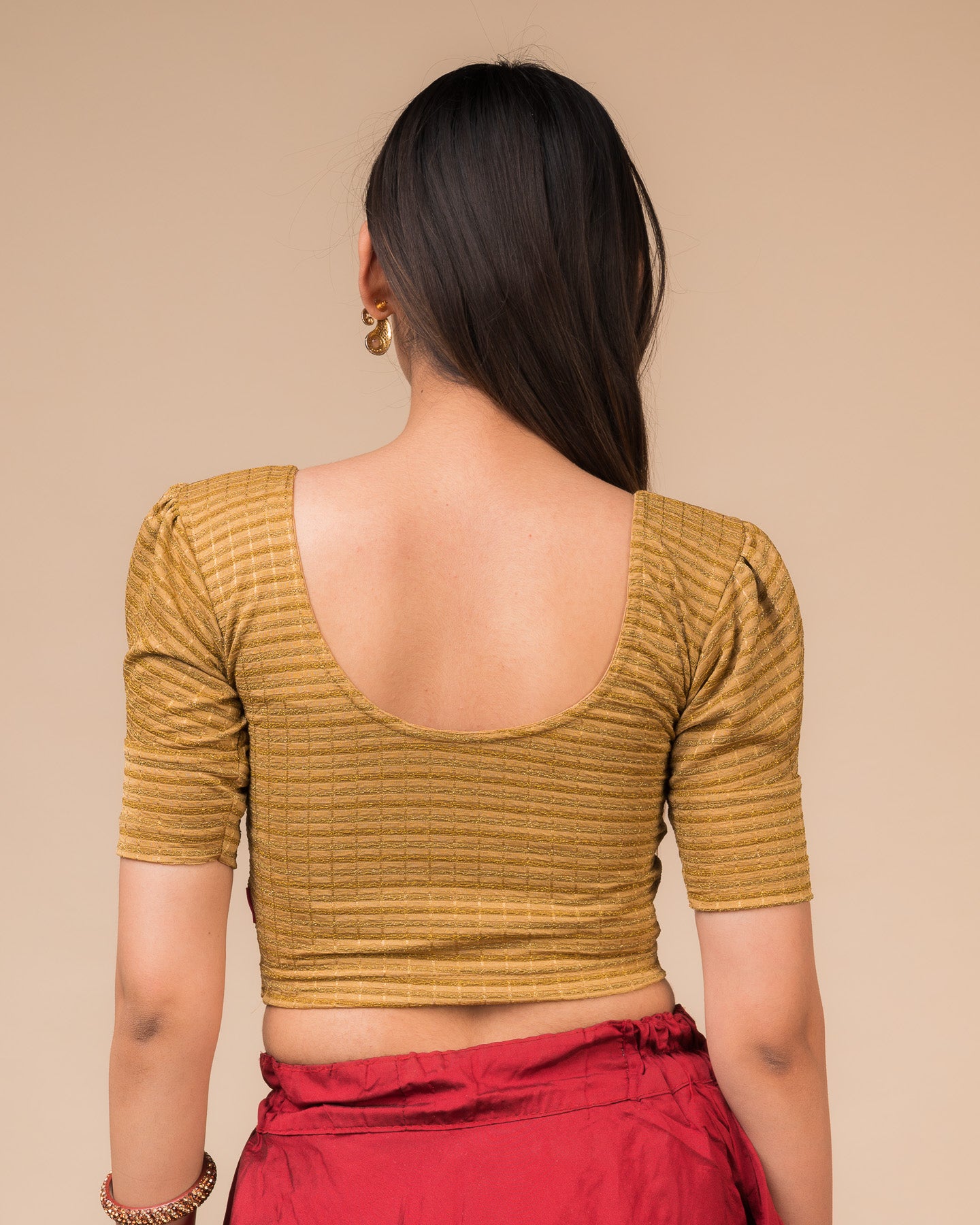 Rear view of the zari single-stripe stretchable blouse showcasing the back design.