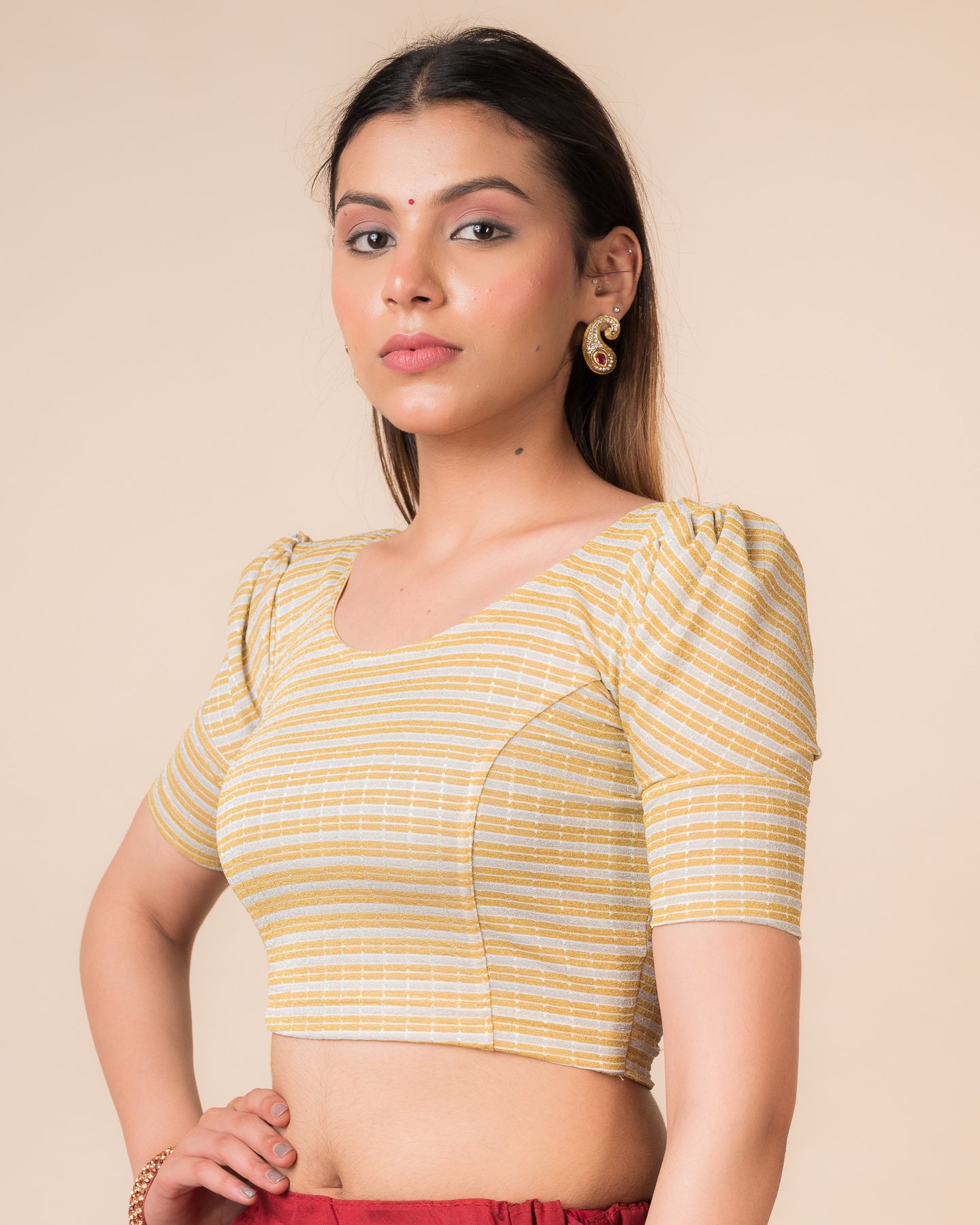 Side profile of the zari double-stripe stretchable blouse highlighting the fit and sleeve style.