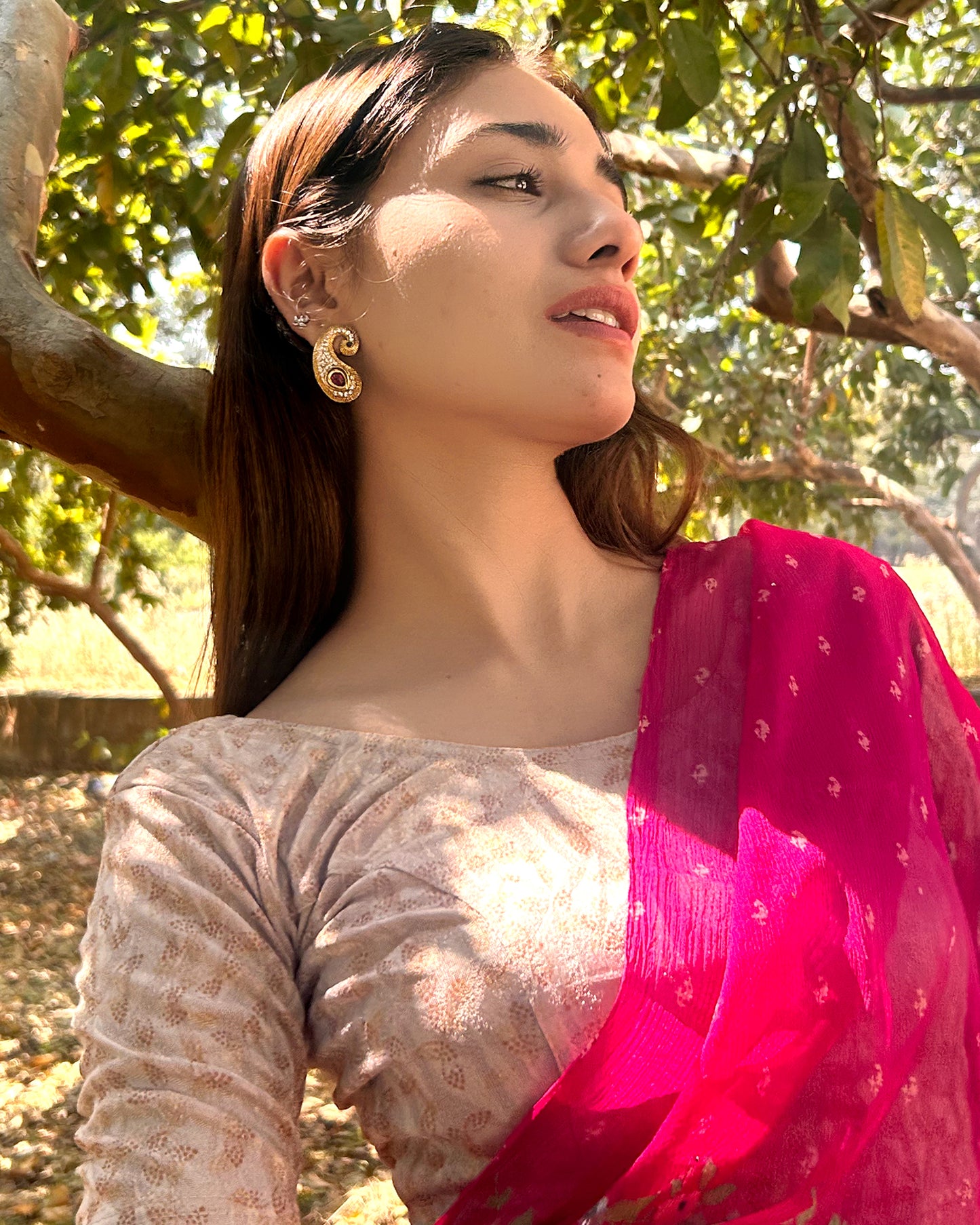 Model pairing the textured stretchable blouse with a traditional saree, demonstrating a complete ethnic look.