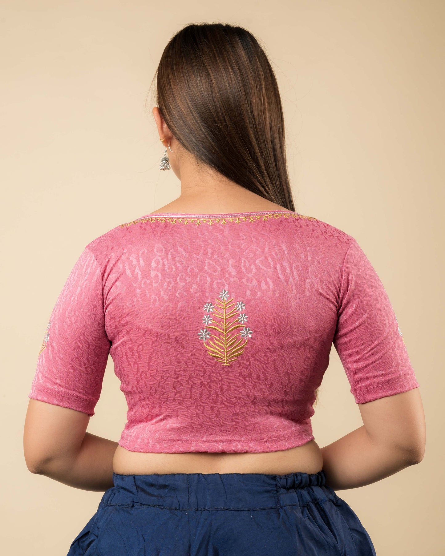 Rear view of the buti embroidered stretchable blouse showcasing the back design.