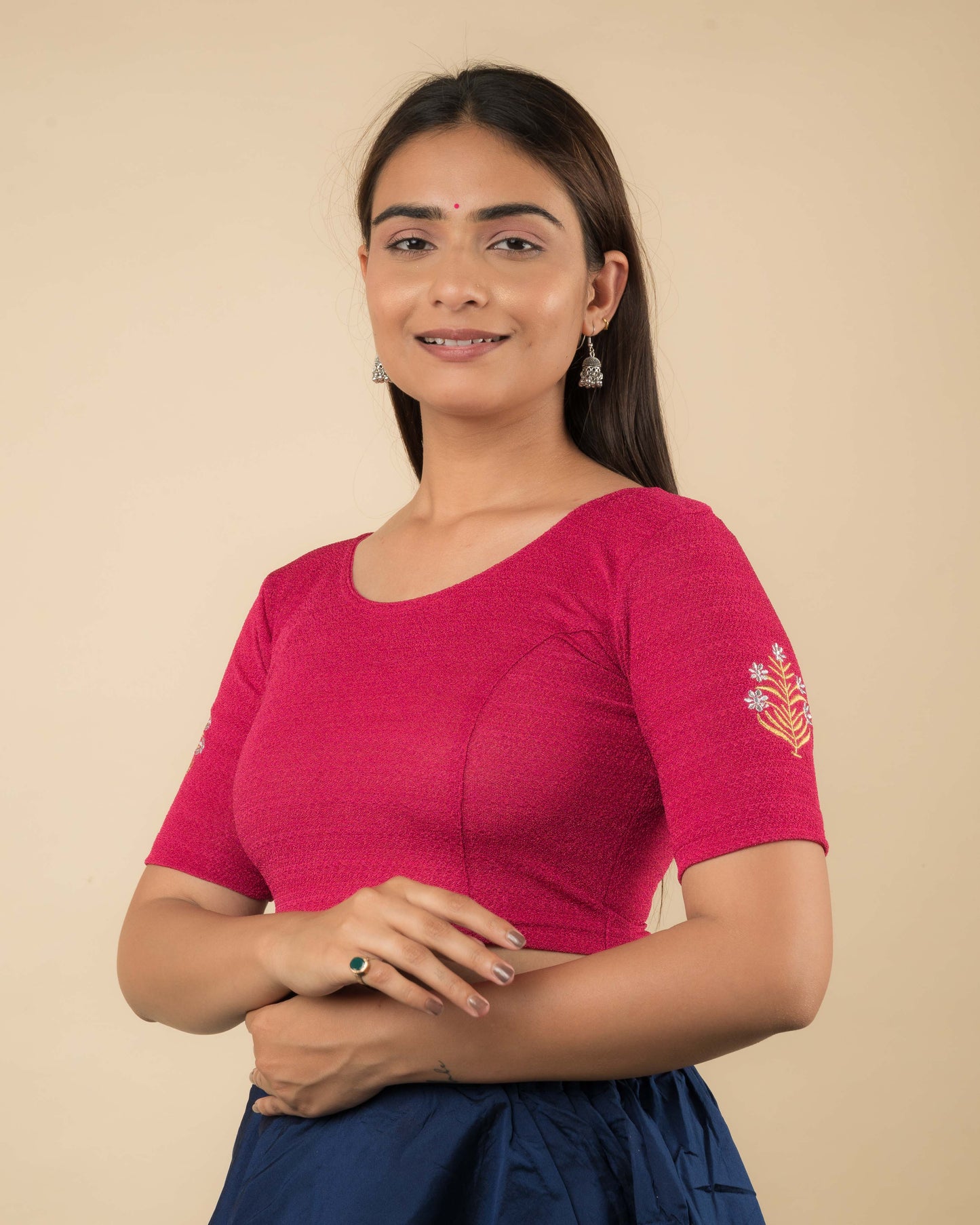 Side profile of the buti embroidered stretchable blouse highlighting the fit and sleeve length.