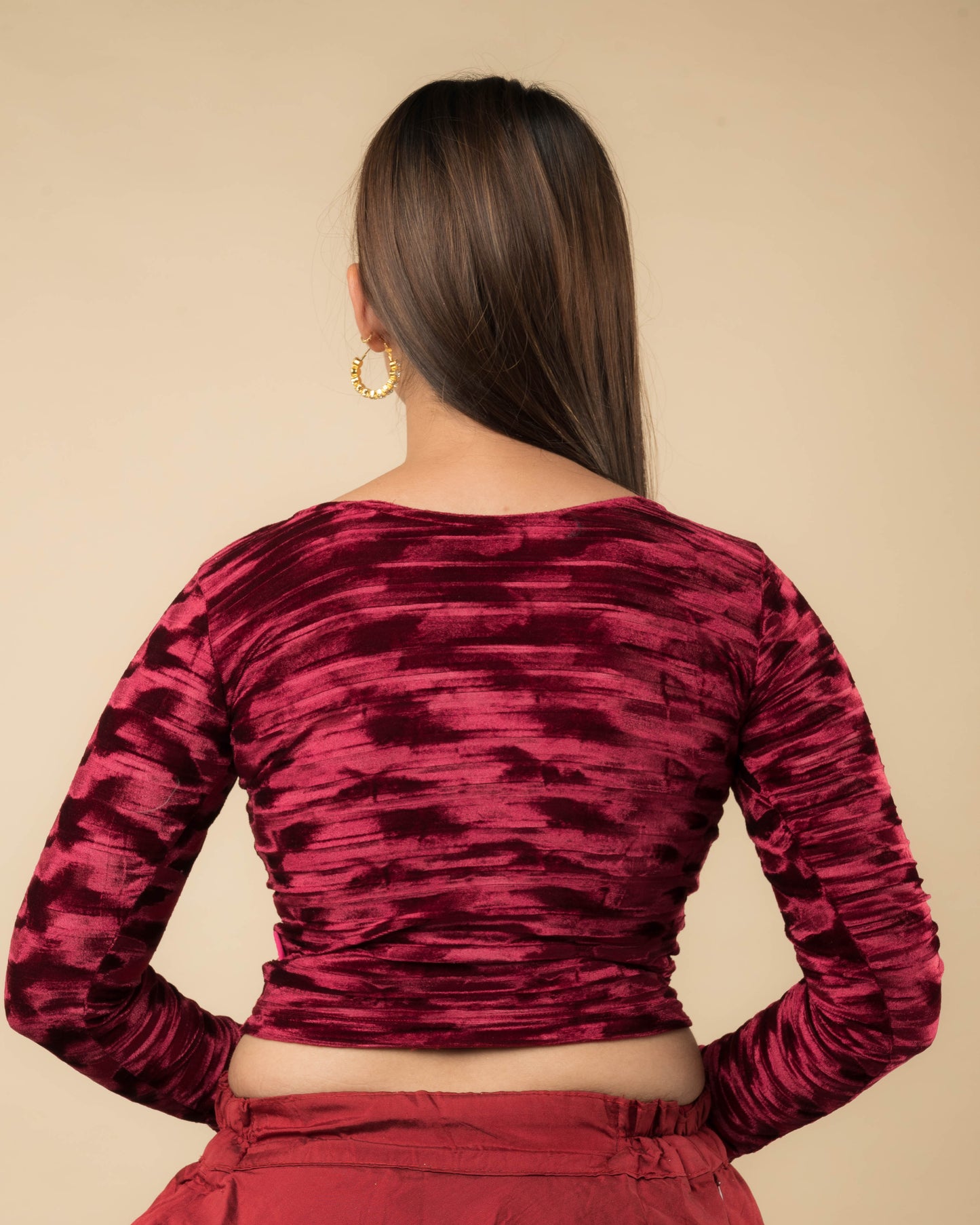 Rear view of the velvet stretchable blouse showcasing the back design.