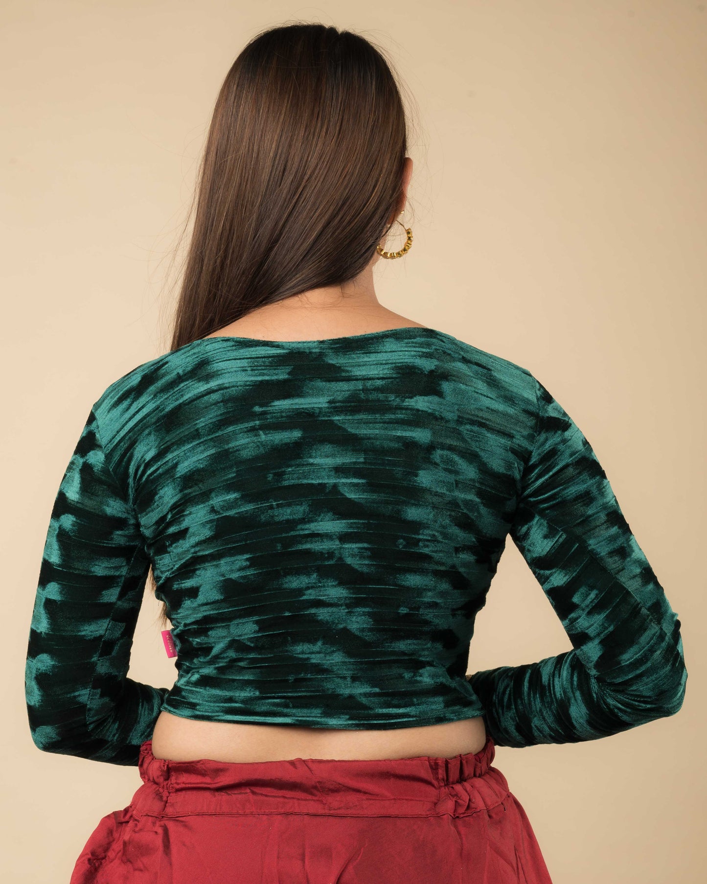 Rear view of the velvet stretchable blouse showcasing the back design.