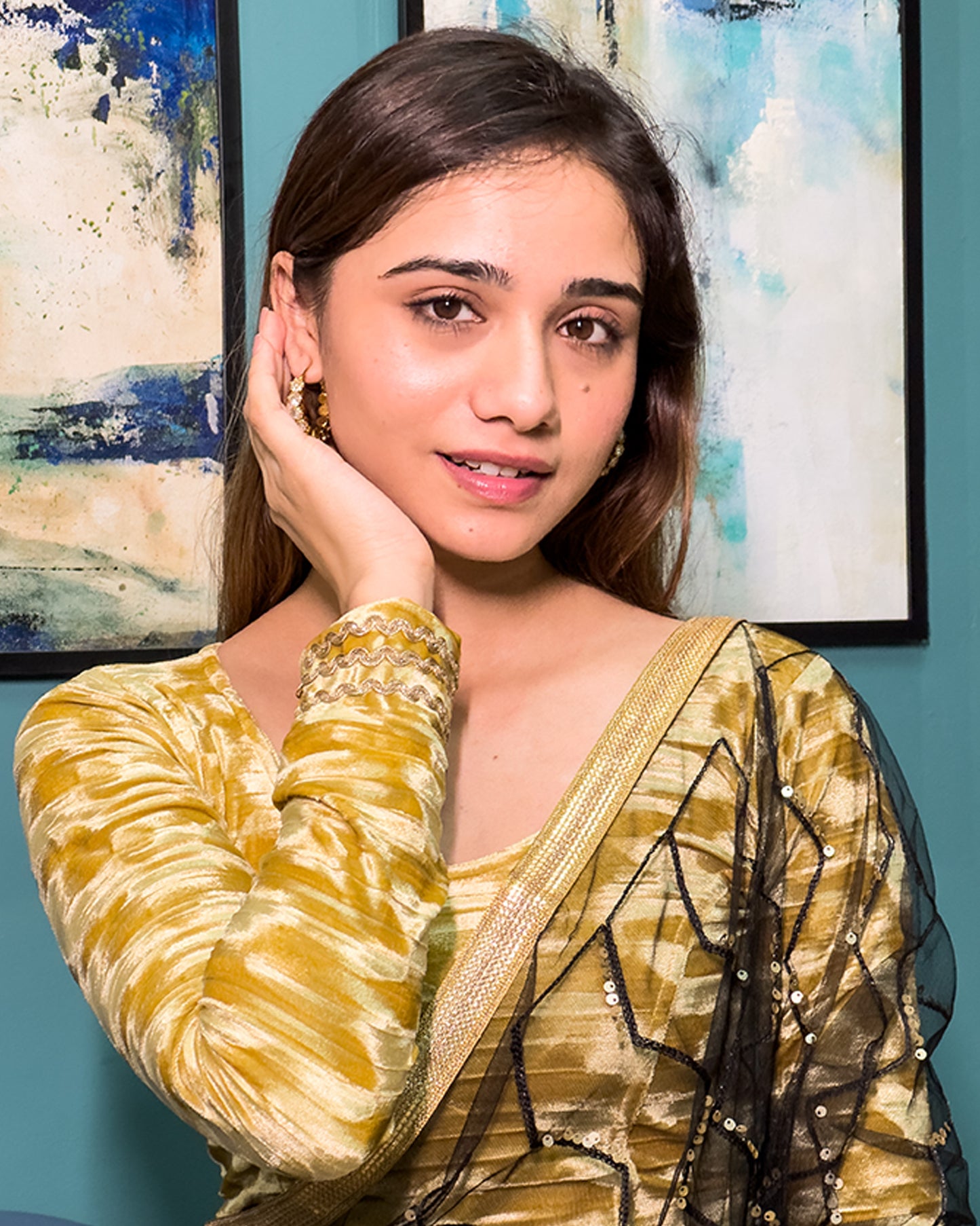 Model pairing the velvet stretchable blouse with a traditional saree, demonstrating a complete ethnic look.