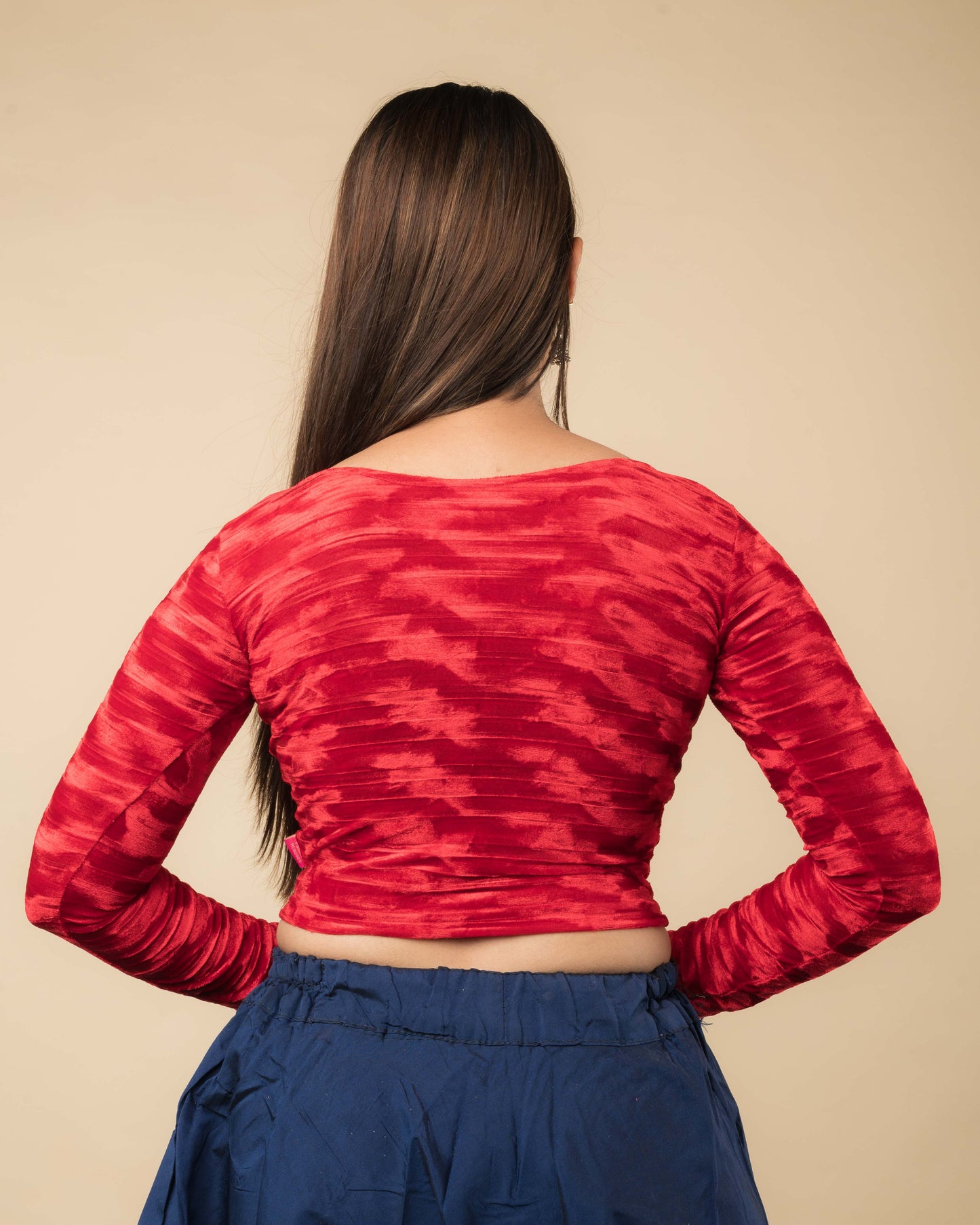 Rear view of the velvet stretchable blouse showcasing the back design.