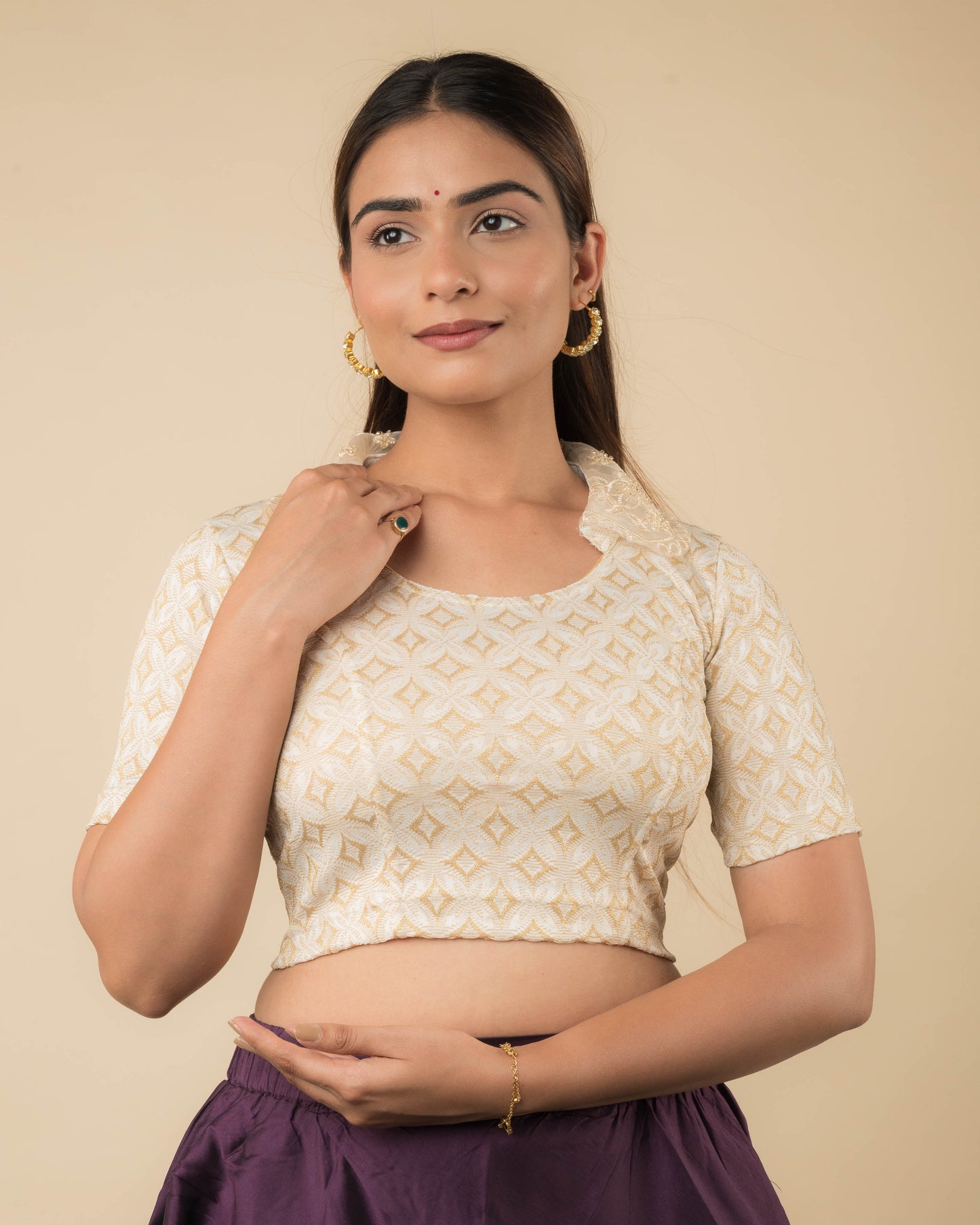Model wearing a stretchable blouse with an embellished embroidered collar and elbow-length sleeves.