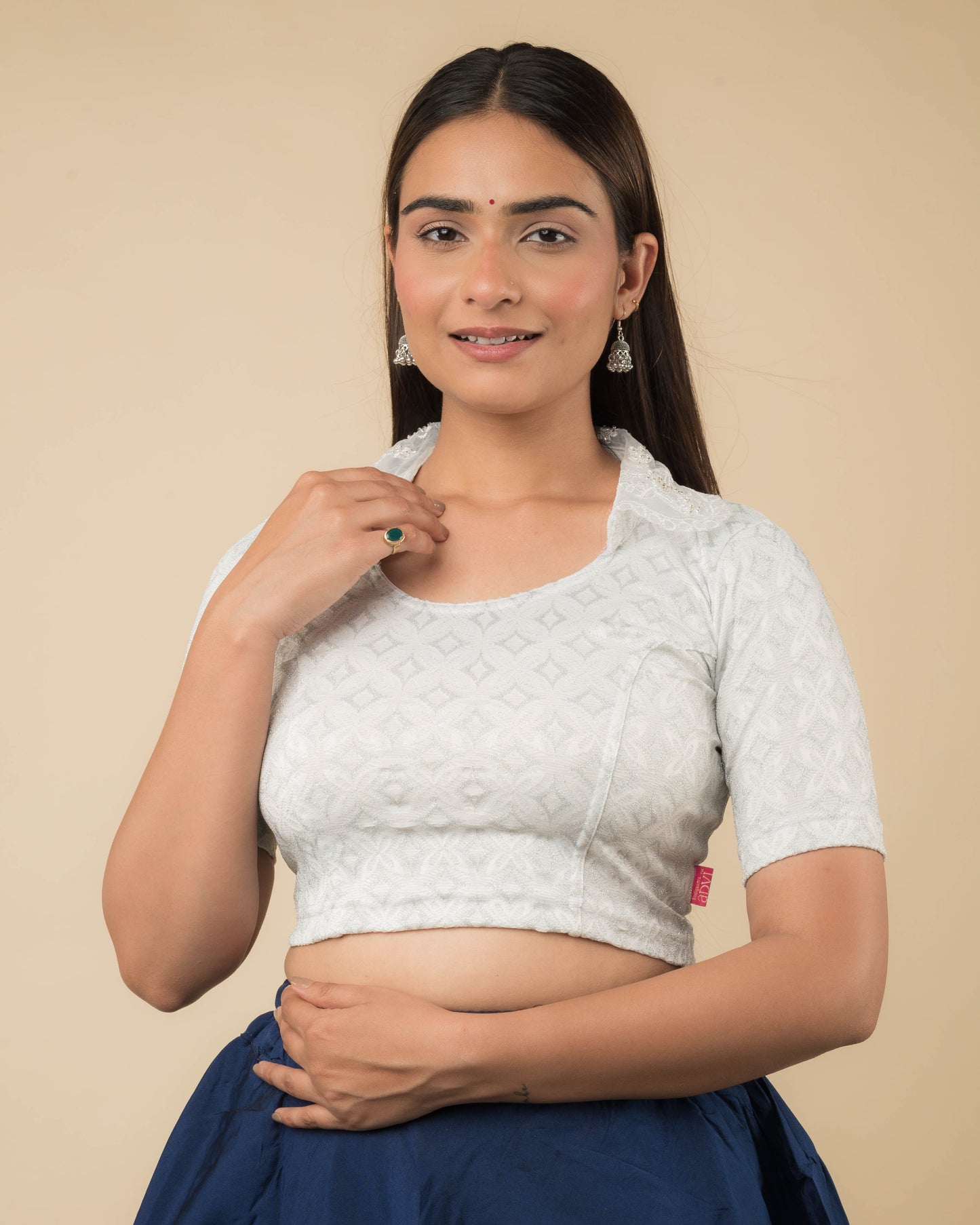 Model wearing a stretchable blouse with an embellished embroidered collar and elbow-length sleeves.