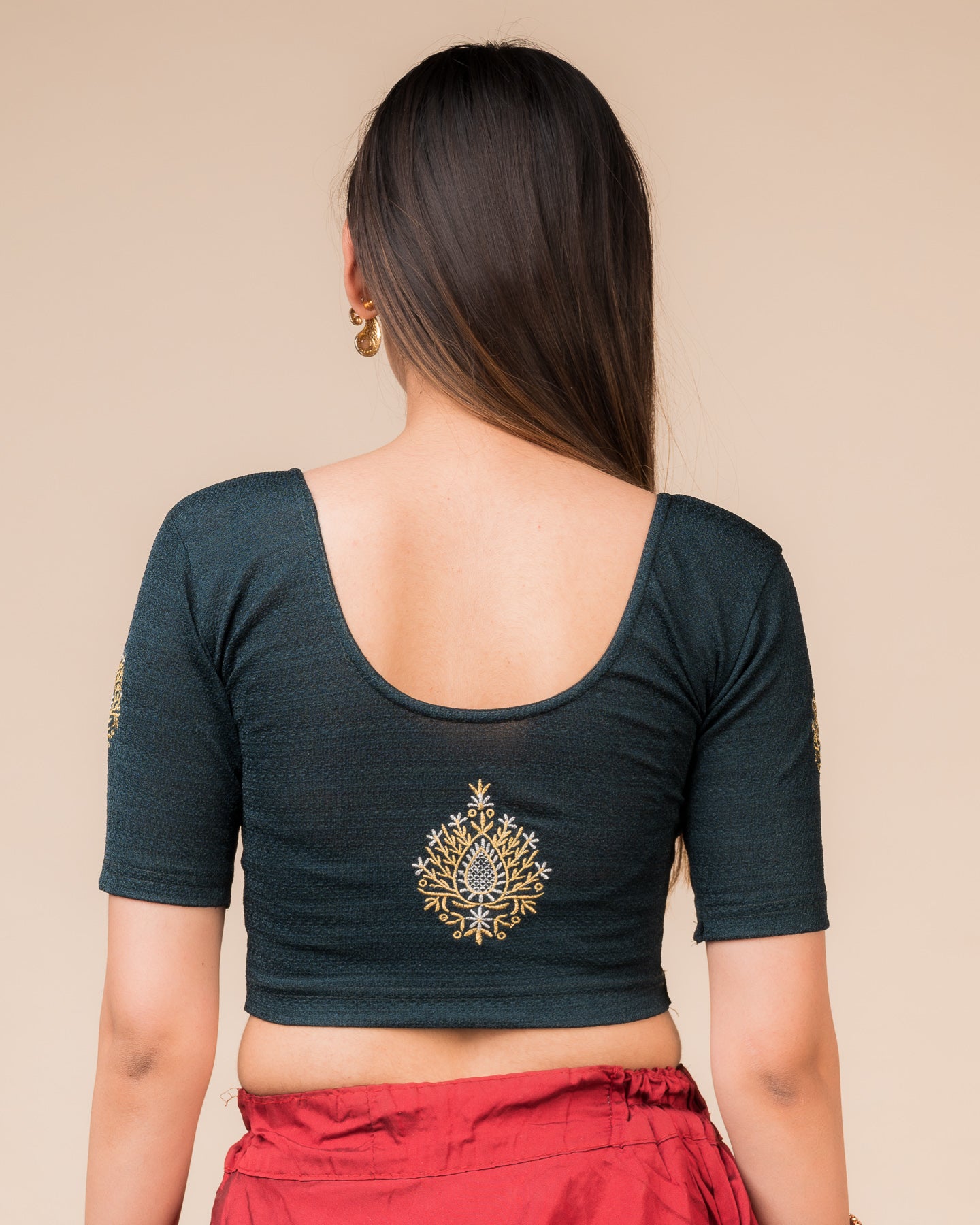 Mirari Bottle Green Blouse with Gold Silver Zari Work