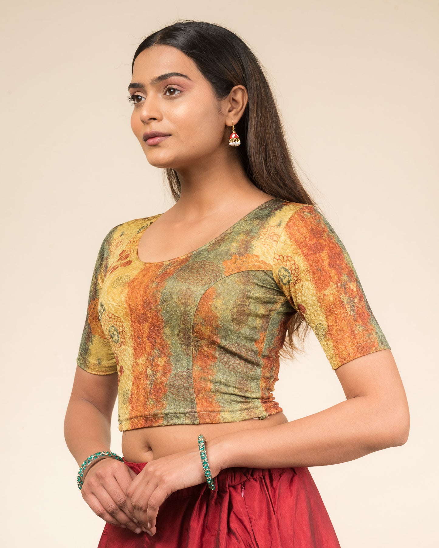 Baawri Green Multicolour Printed Stretchable Saree Blouse Advi