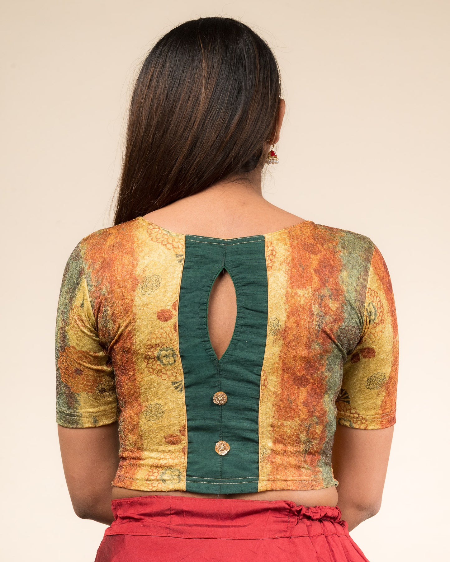 Baawri Green Multicolour Printed Stretchable Saree Blouse Advi