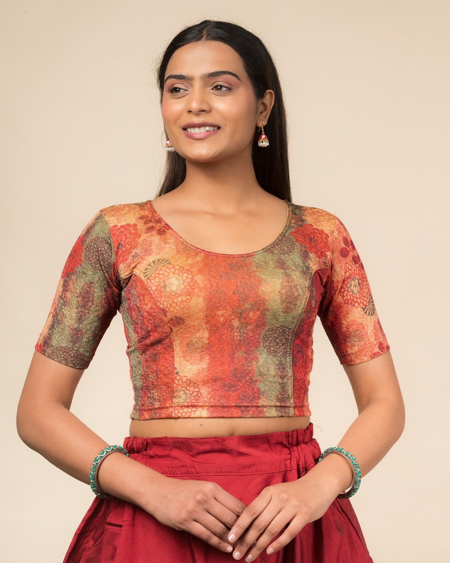 Baawri Maroon Multicolour Printed Stretchable Saree Blouse Advi