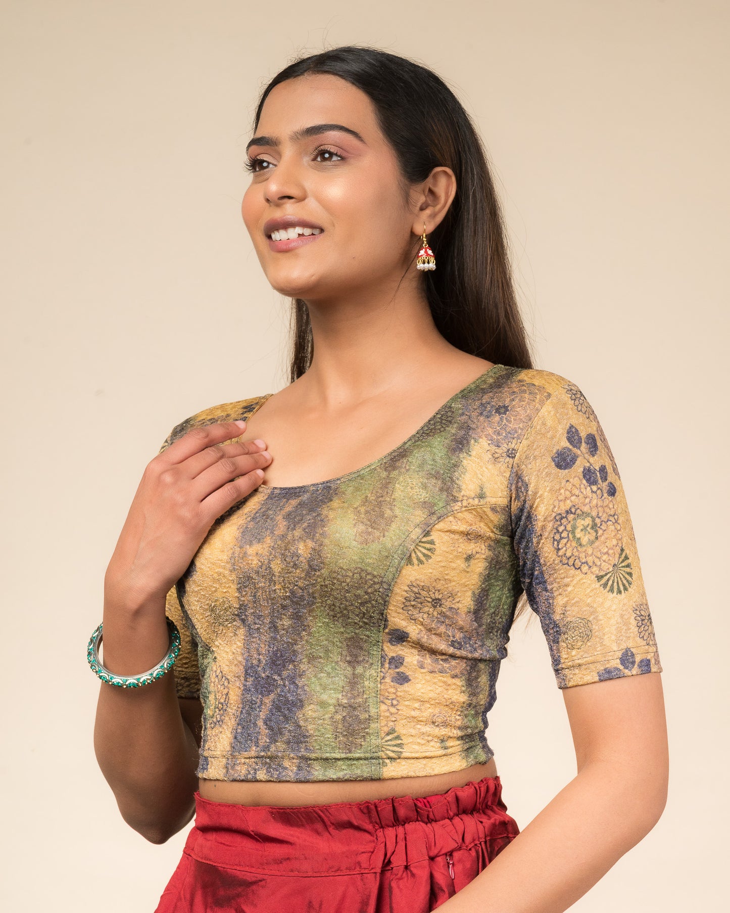 Baawri Navy Blue Multicolour Printed Stretchable Saree Blouse Advi