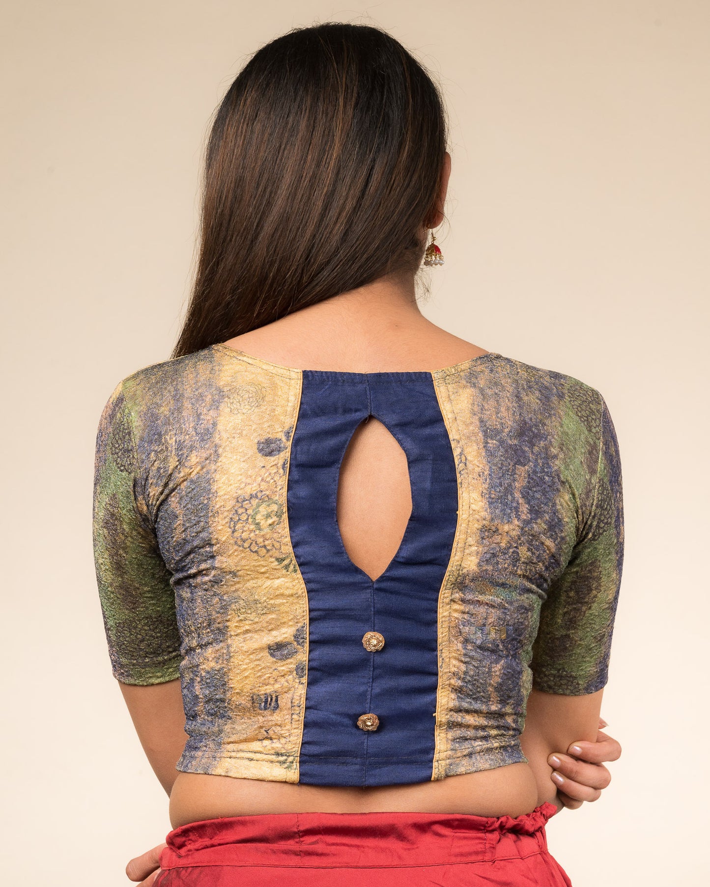 Baawri Navy Blue Multicolour Printed Stretchable Saree Blouse Advi