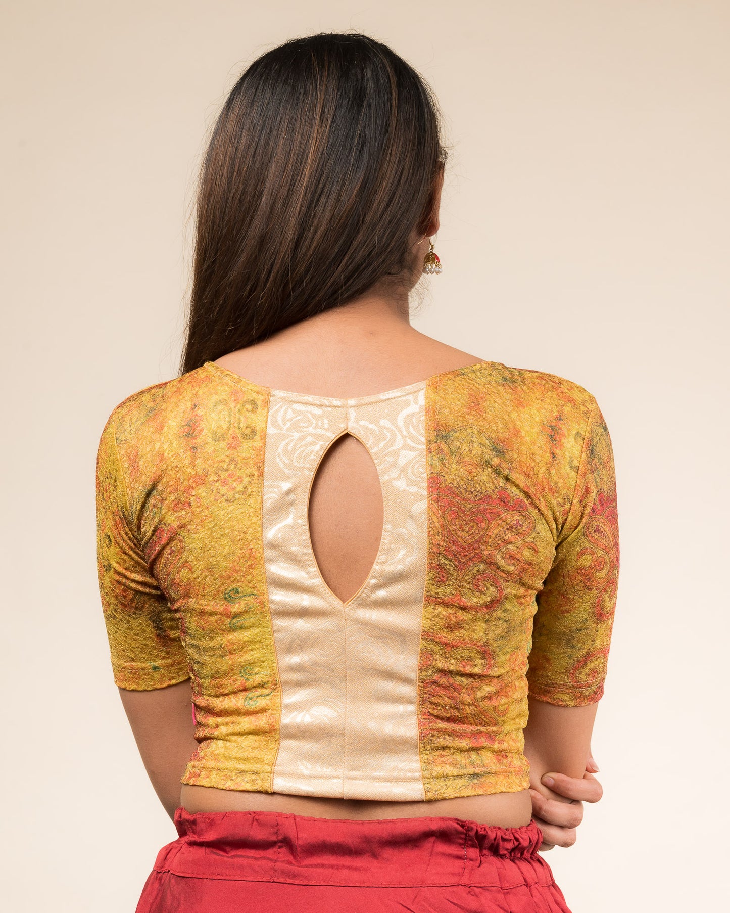 Baawri Mustard Multicolour Print Saree Blouse with Golden Back Advi