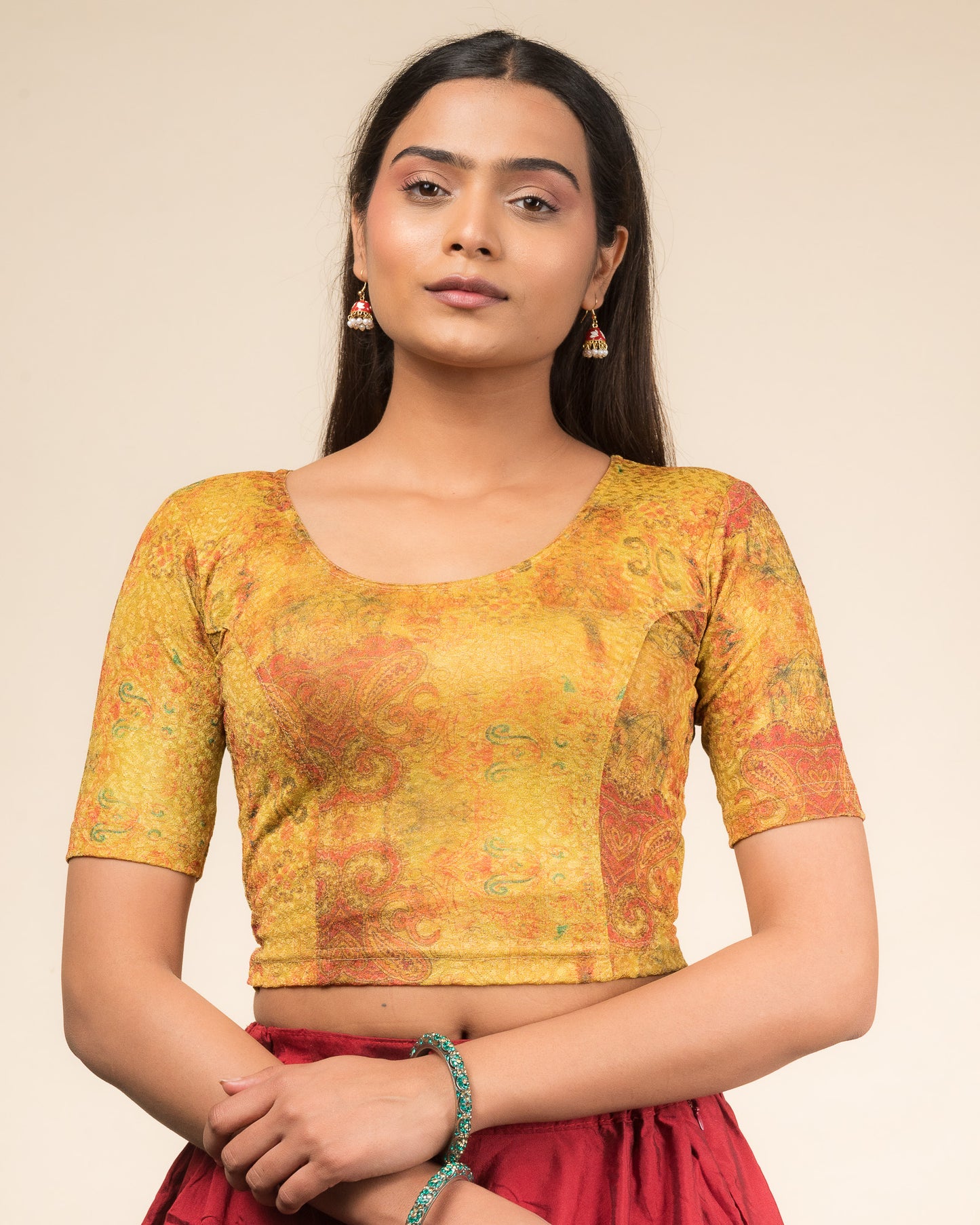 Baawri Mustard Multicolour Print Saree Blouse with Golden Back Advi