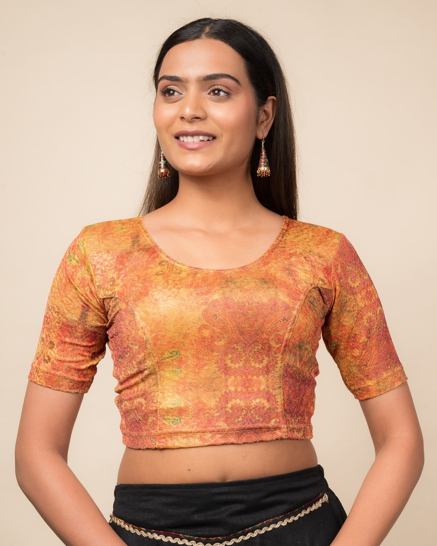 Baawri Red Multicolour Print Saree Blouse with Golden Back Advi