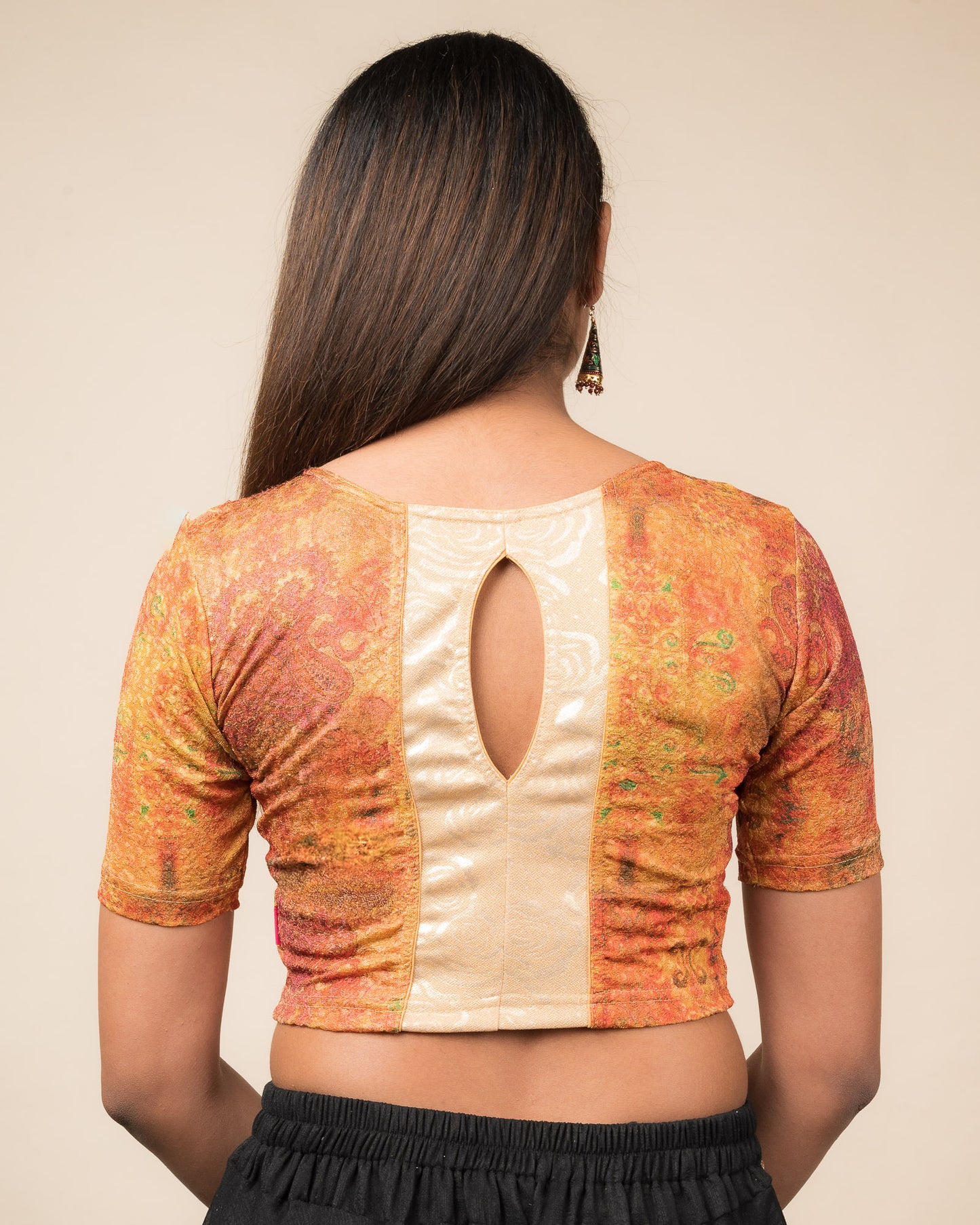 Baawri Red Multicolour Print Saree Blouse with Golden Back Advi