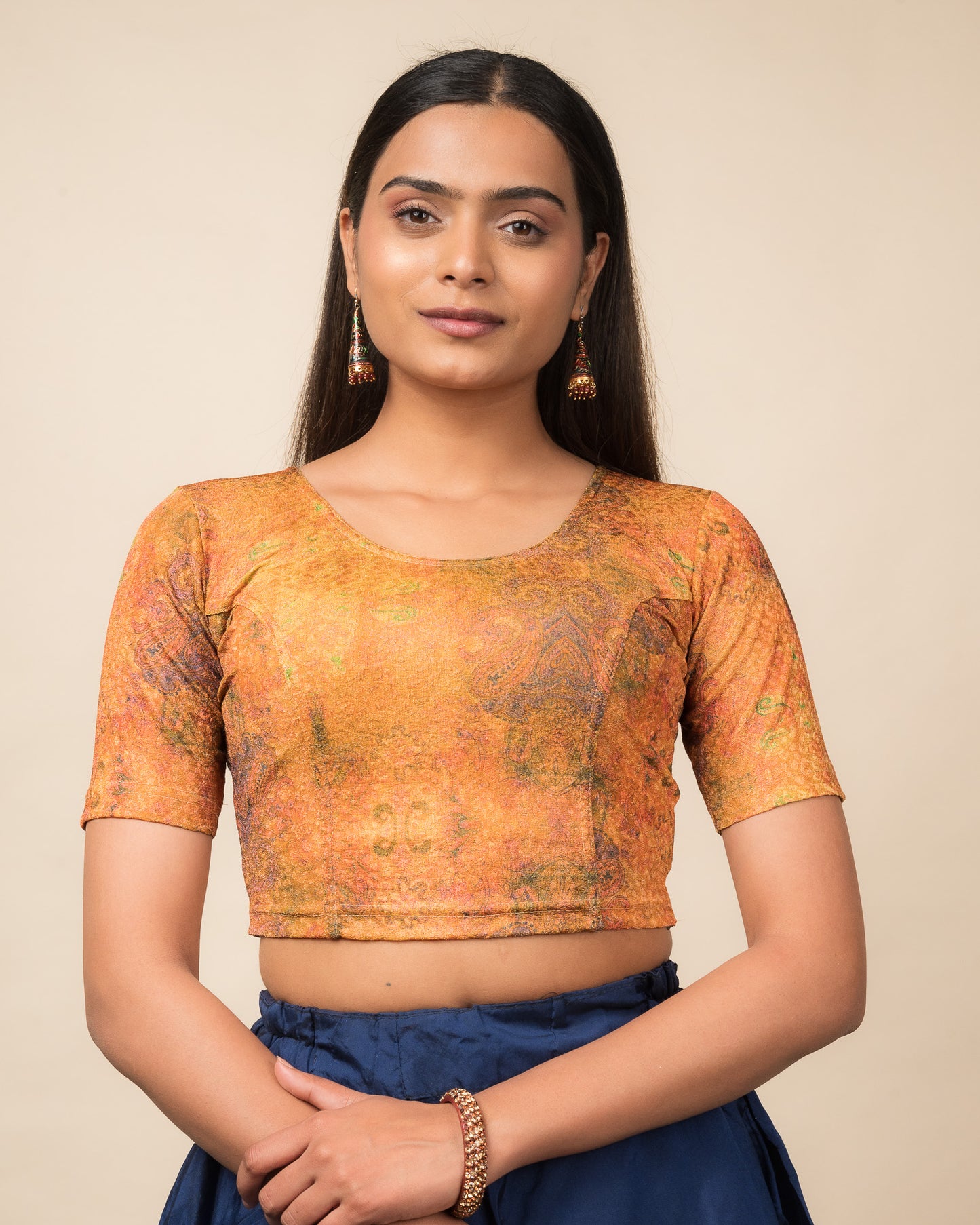 Baawri Orange Multicolour Print Saree Blouse with Golden Back Advi