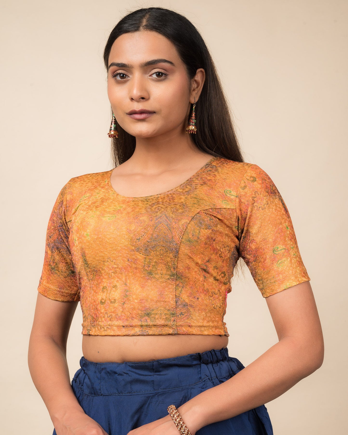 Baawri Orange Multicolour Print Saree Blouse with Golden Back Advi