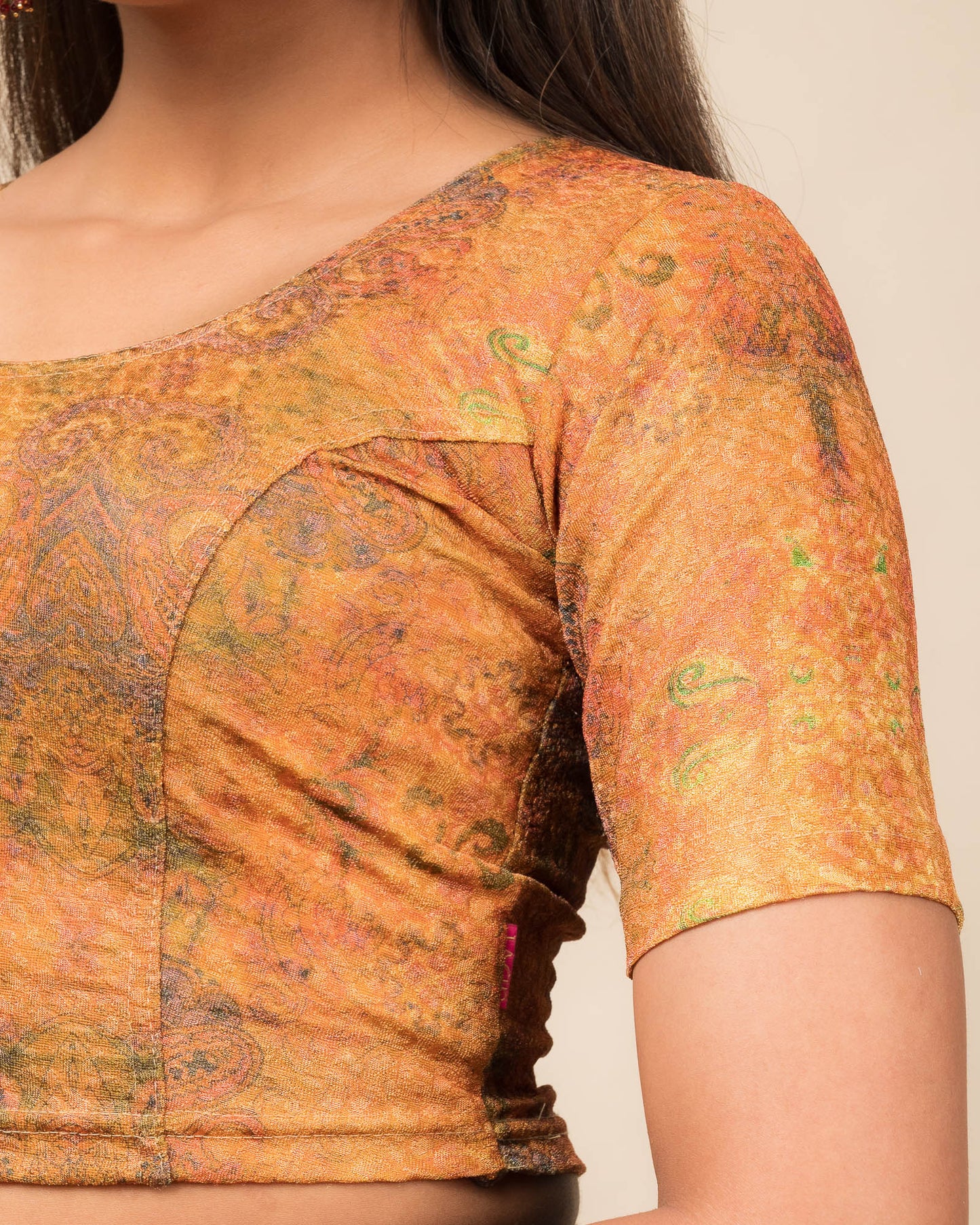 Baawri Orange Multicolour Print Saree Blouse with Golden Back Advi