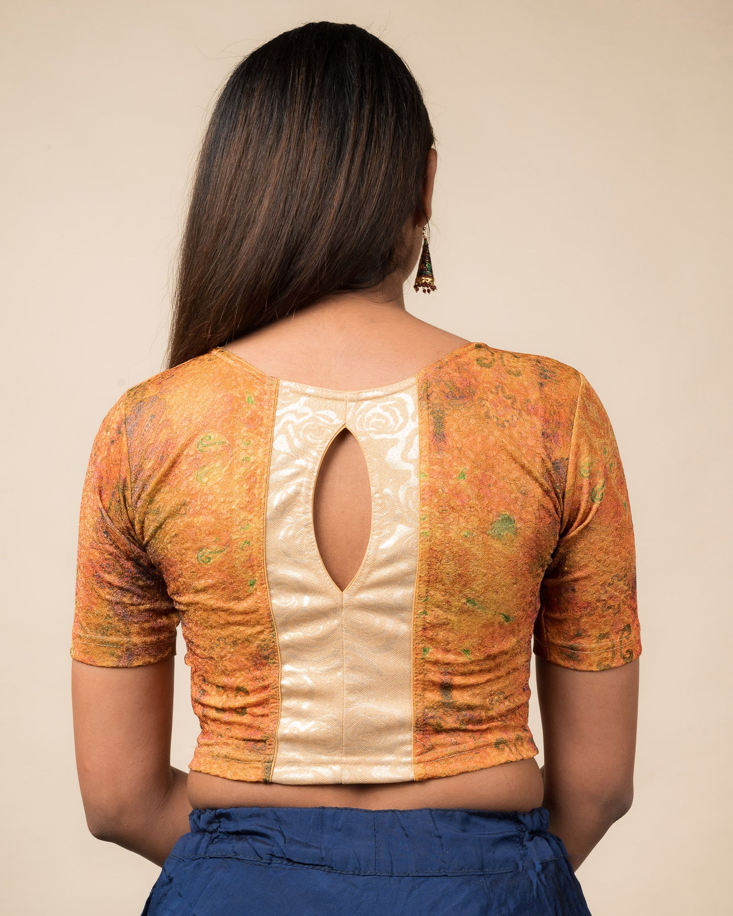 Baawri Orange Multicolour Print Saree Blouse with Golden Back Advi