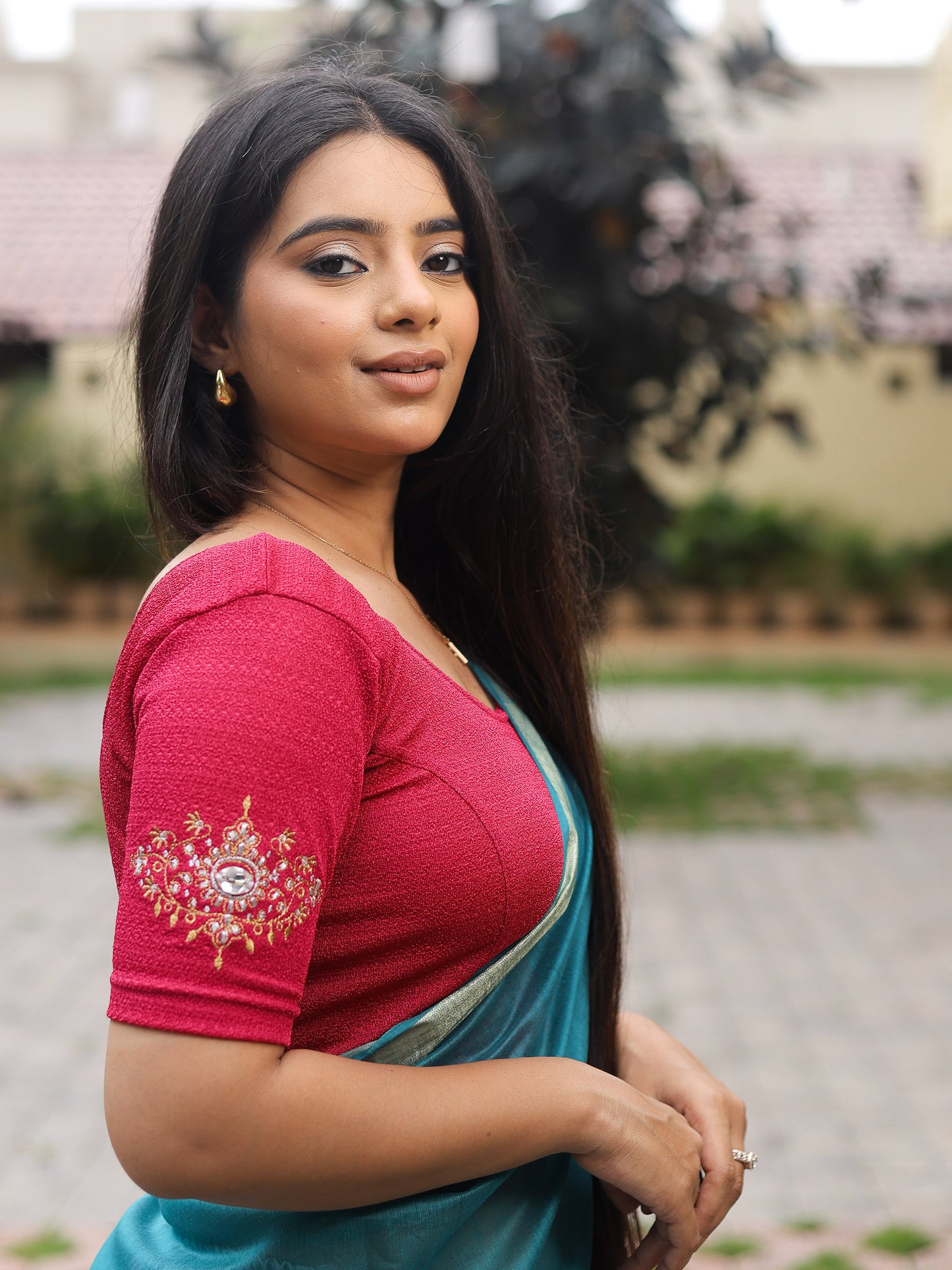 Vajra Rani Pink Bajuband Embroidery Work Stretchable Saree Blouse