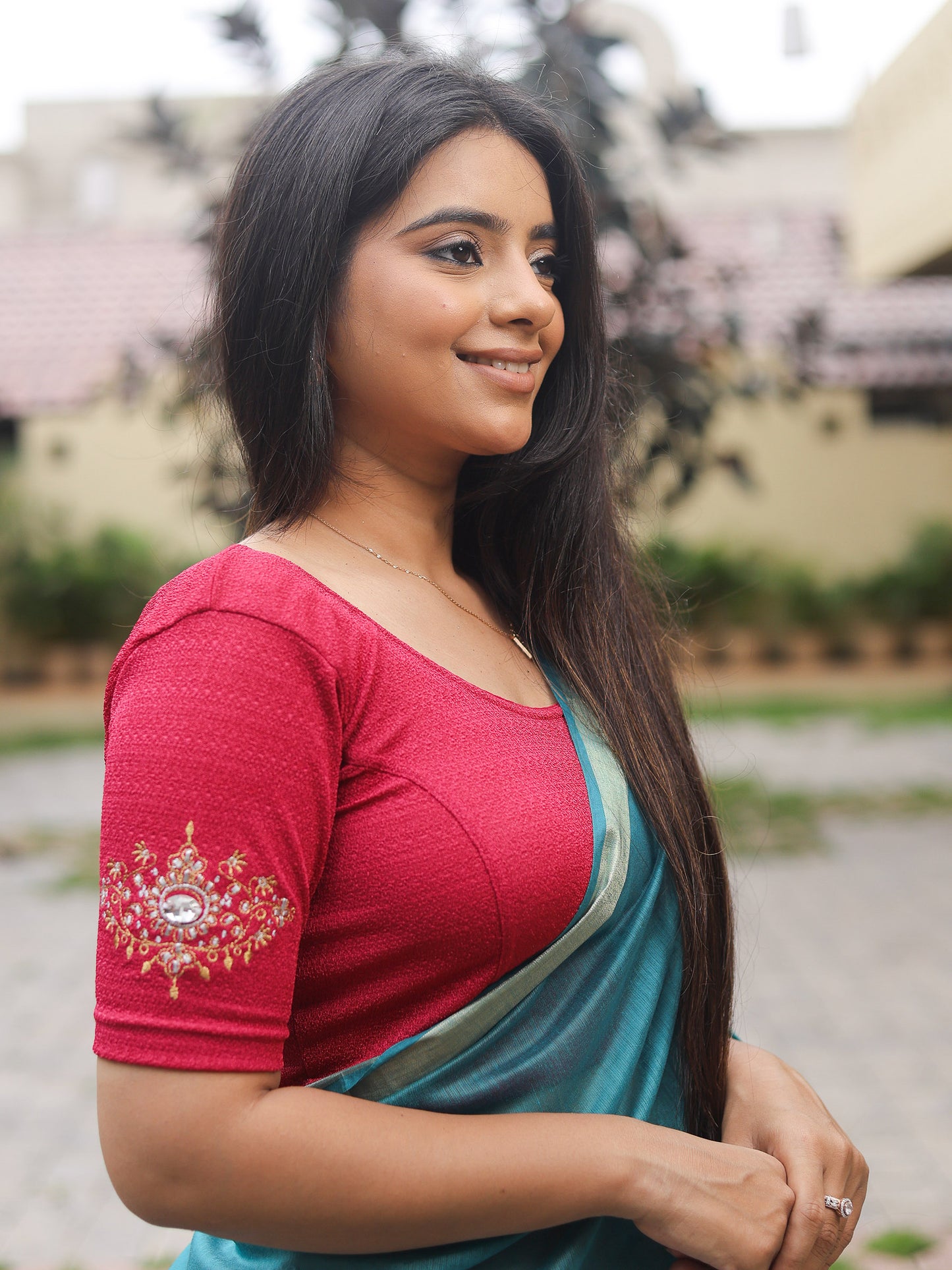 Vajra Rani Pink Bajuband Embroidery Work Stretchable Saree Blouse