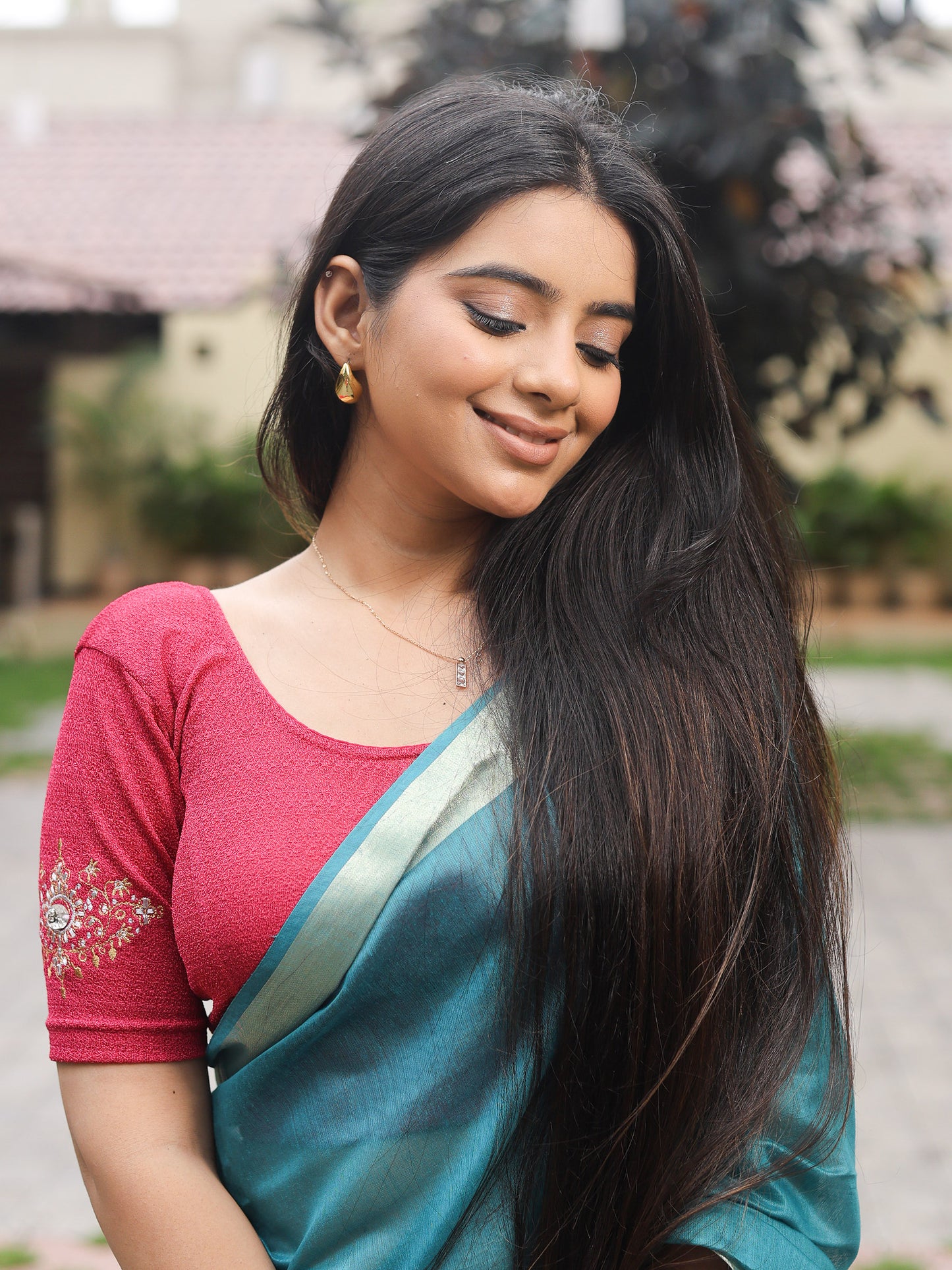 Vajra Rani Pink Bajuband Embroidery Work Stretchable Saree Blouse