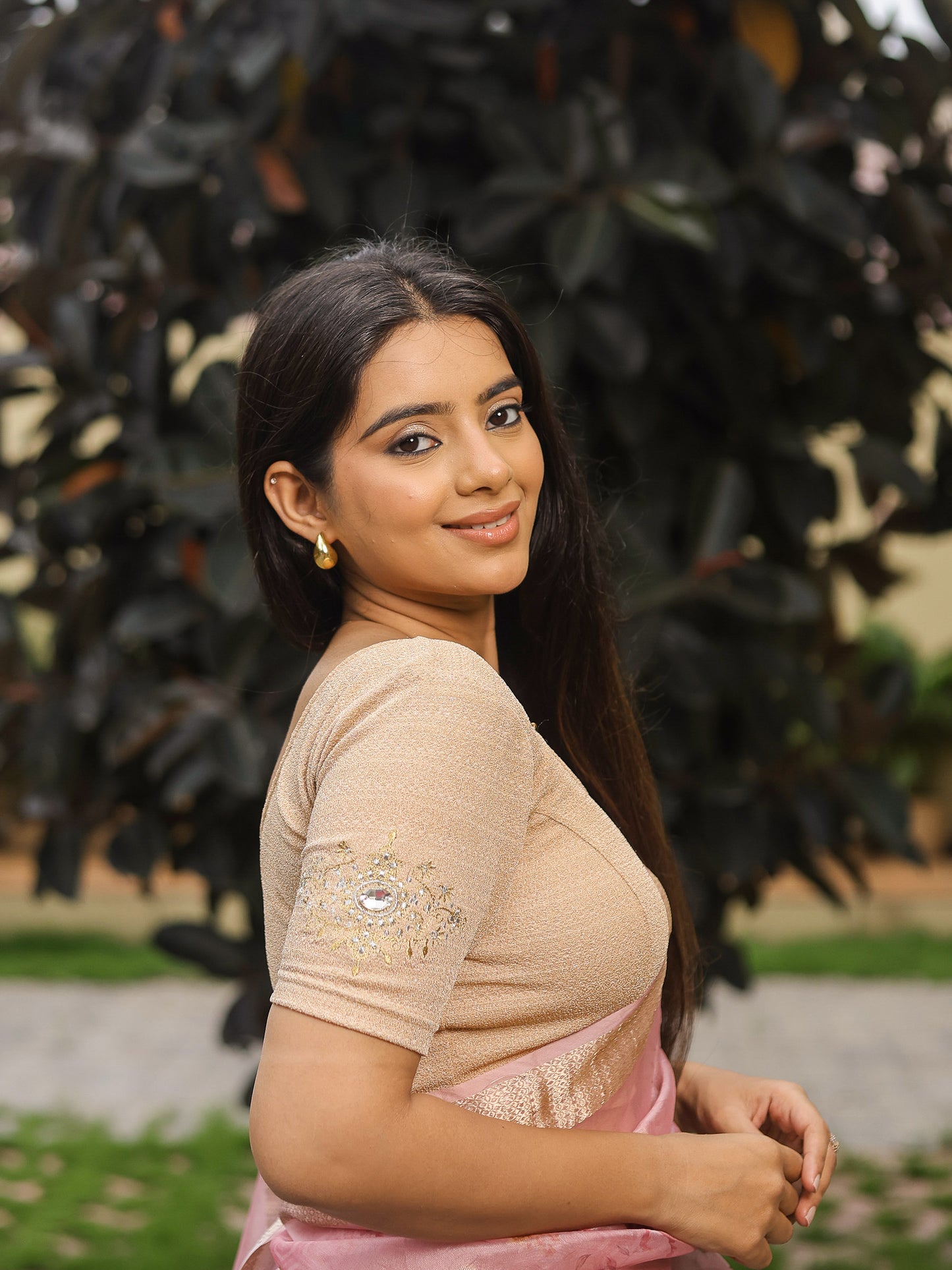 Vajra Beige Bajuband Embroidery Work Stretchable Saree Blouse